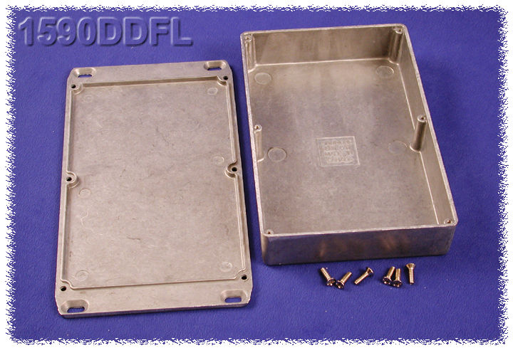 1590DDFL natural diecast aluminum enclosure with flanged wall-mounting lid, 188 x 120 x 37 mm