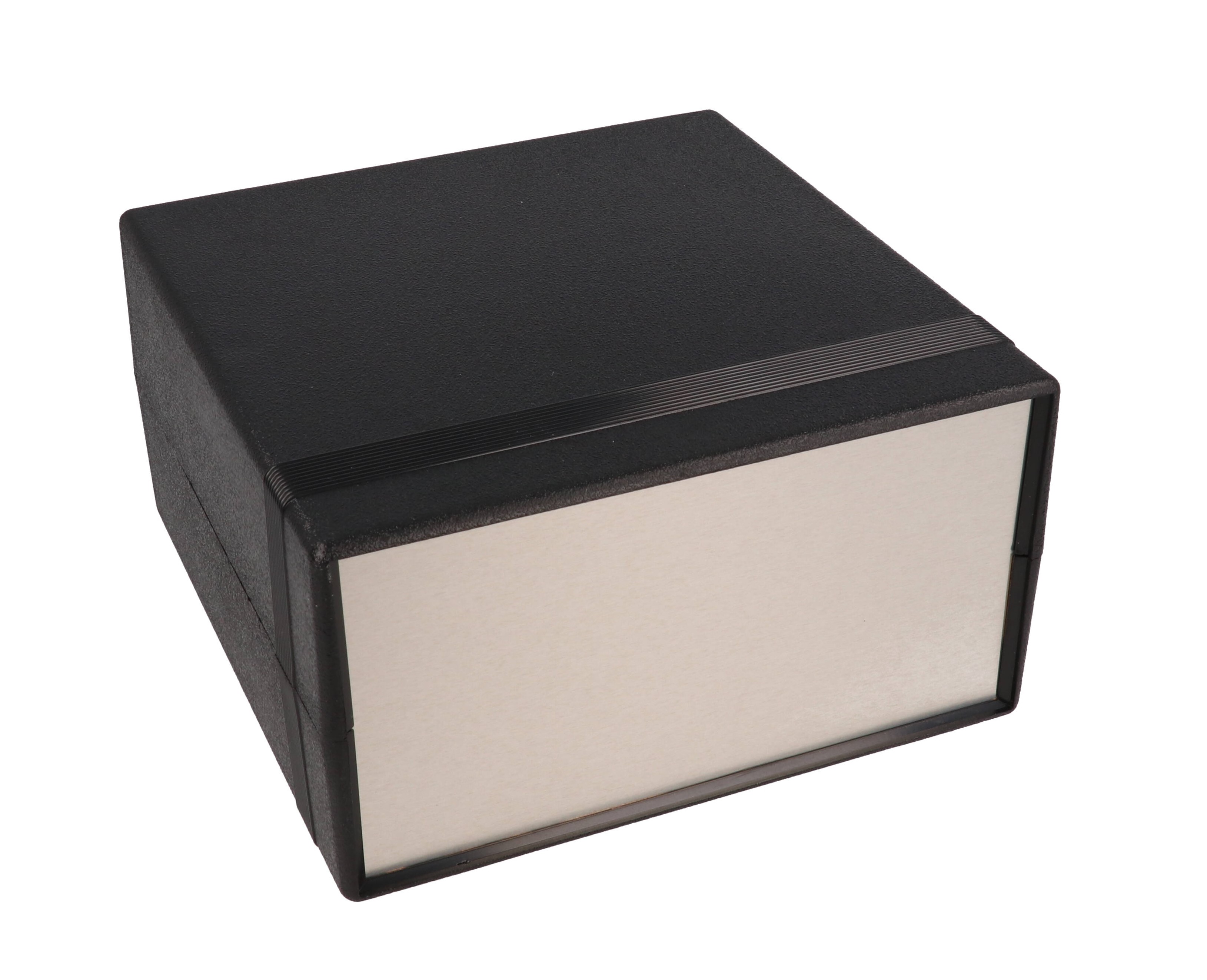 1598RCBK black ABS EMI/RFI shielded instrument enclosure, 179.5 x 154 x 51 mm, with brushed aluminum end panels — view 3