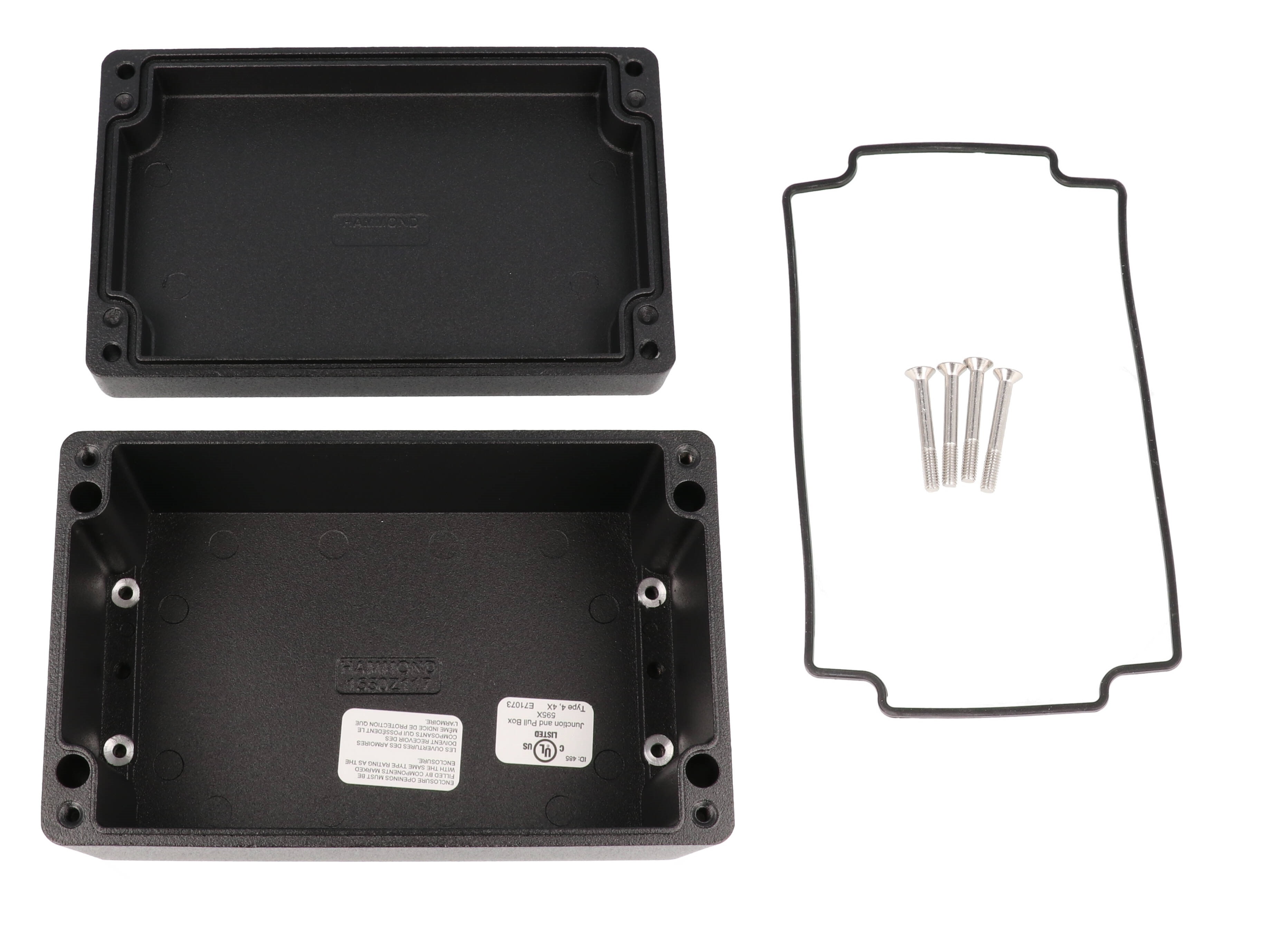 Hammond 1550Z117BK black textured watertight diecast aluminum enclosure, 160 x 100 x 81 mm, with lid and cover screws