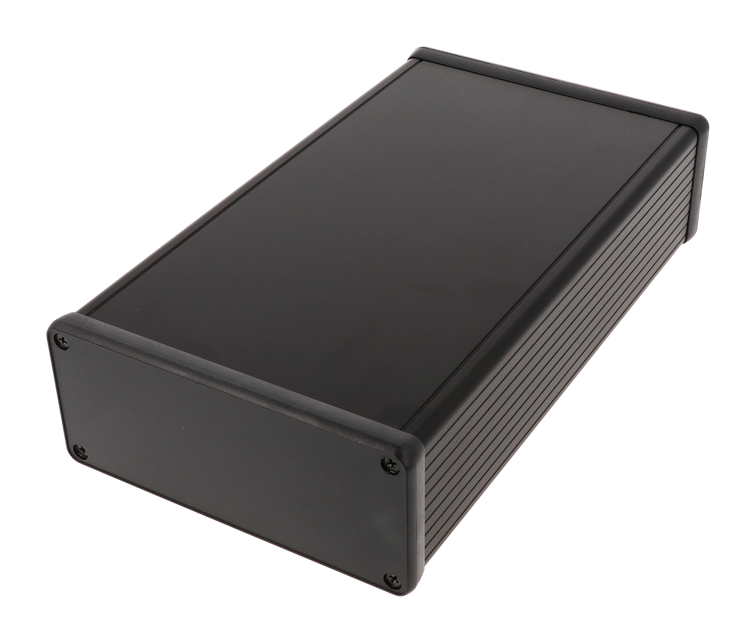 1455Q2202BK — black extruded aluminum enclosure w/ plastic end panels