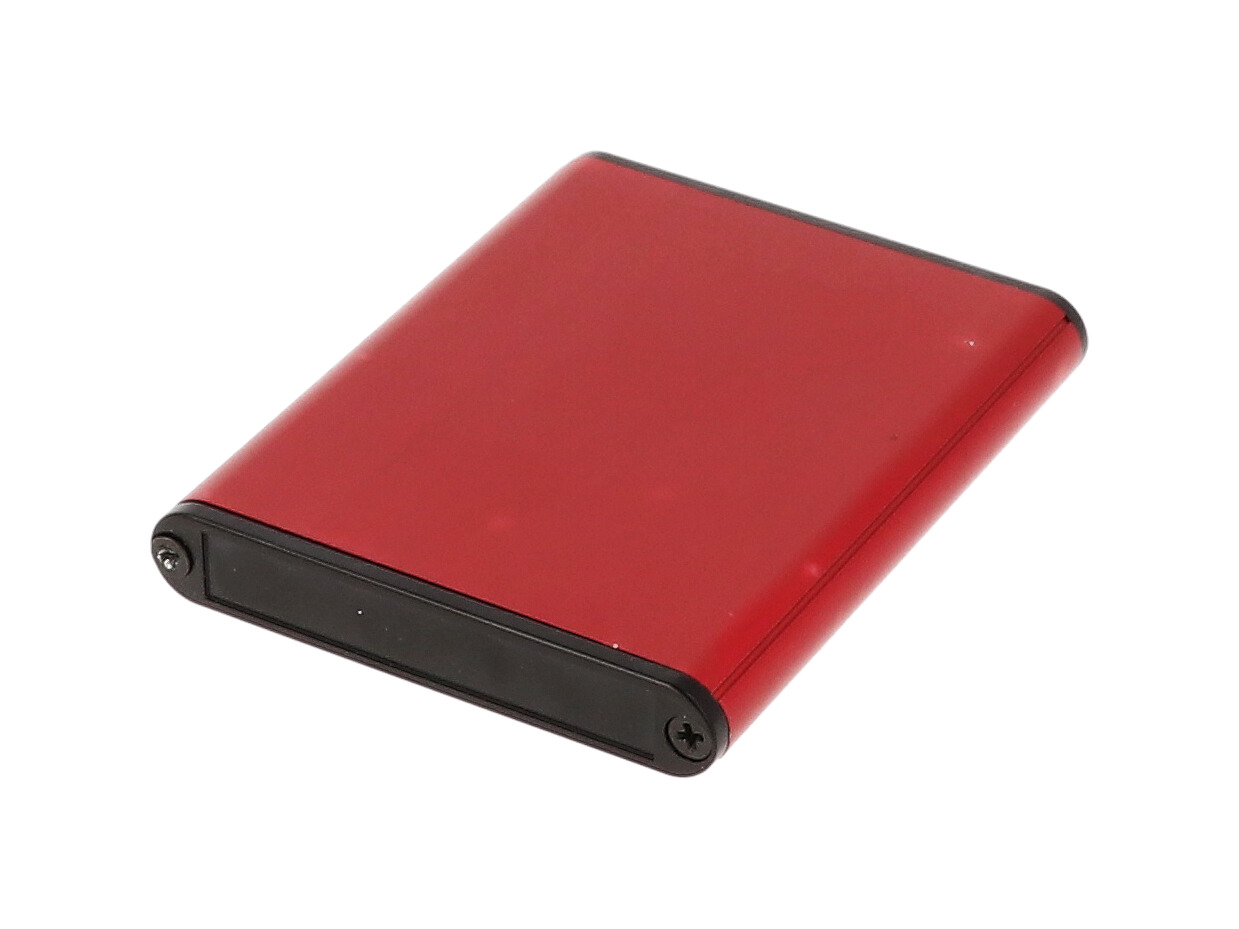 1455A802RD red anodized extruded aluminum PC board enclosure, 80 x 70 x 12 mm, with black plastic end panels