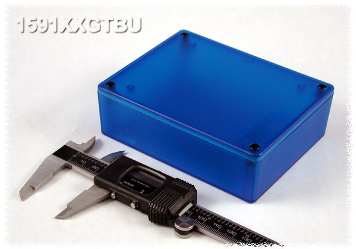 Hammond 1591XXGTBU transparent blue ABS plastic enclosure, 1591XXG size, box and lid shown