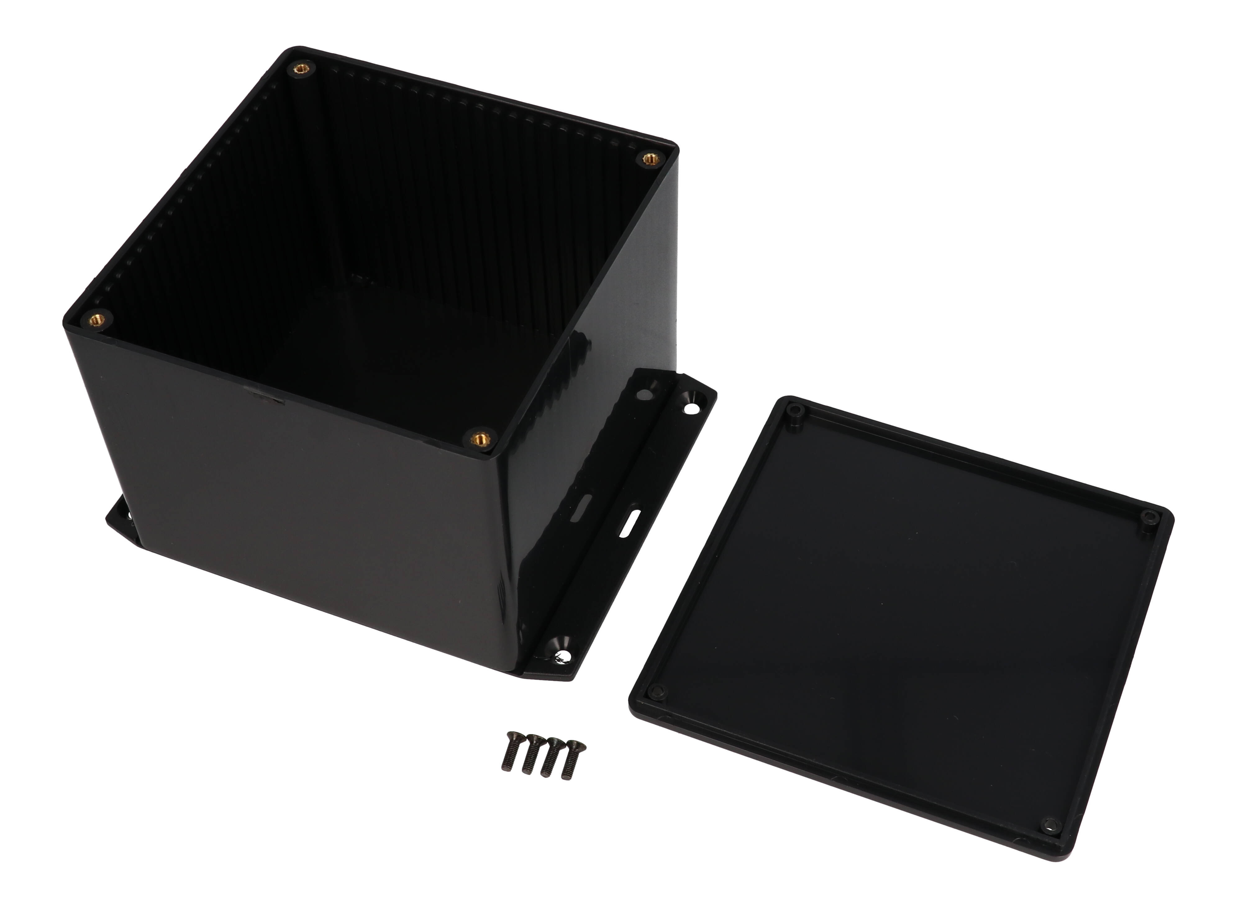 1591VF2BK black ABS plastic enclosure with bottom flange, 120 x 120 x 94 mm