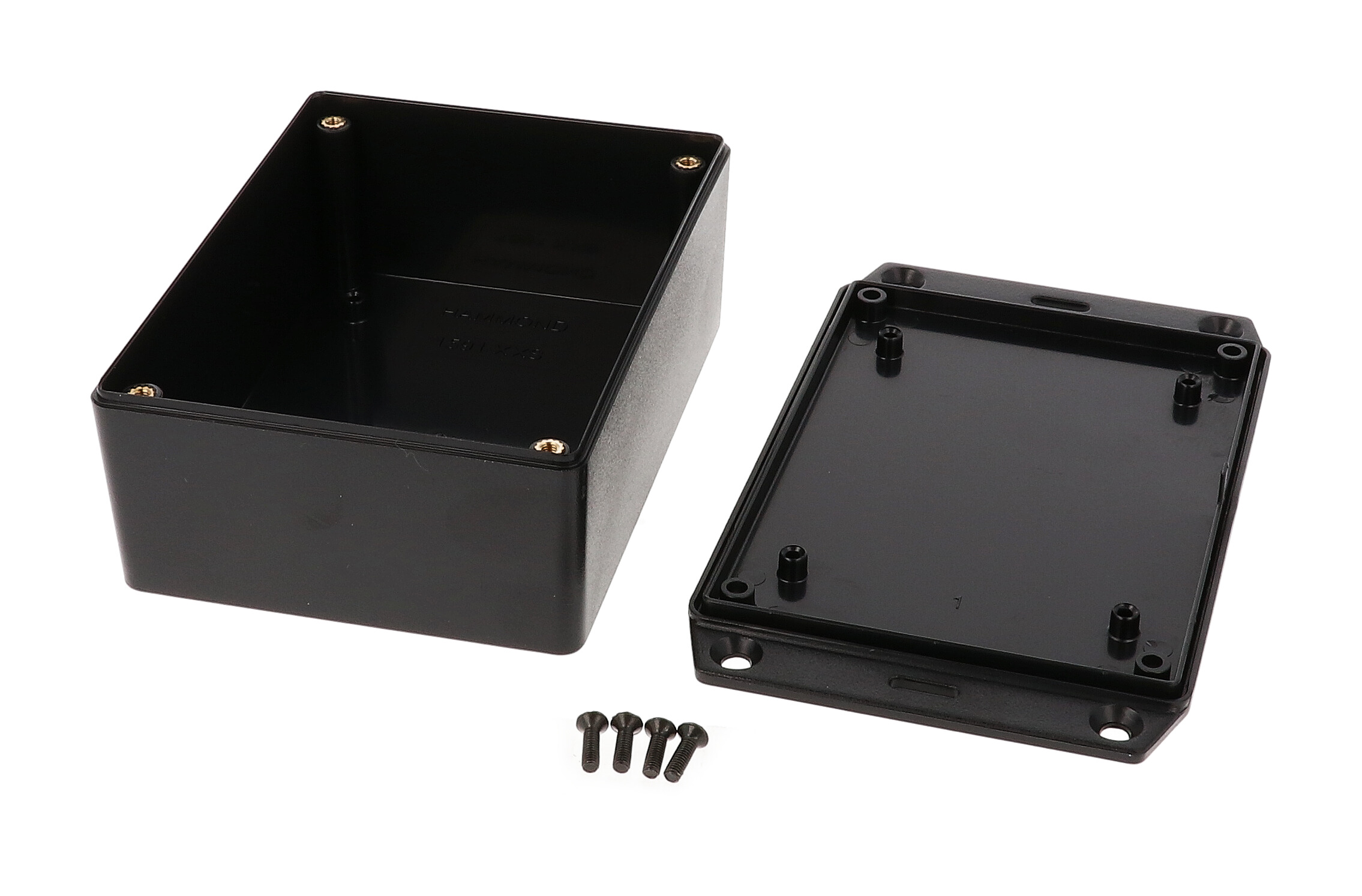 1591XXSFLBK black ABS plastic flanged-lid enclosure with PC board standoffs, 113 x 85 x 44 mm