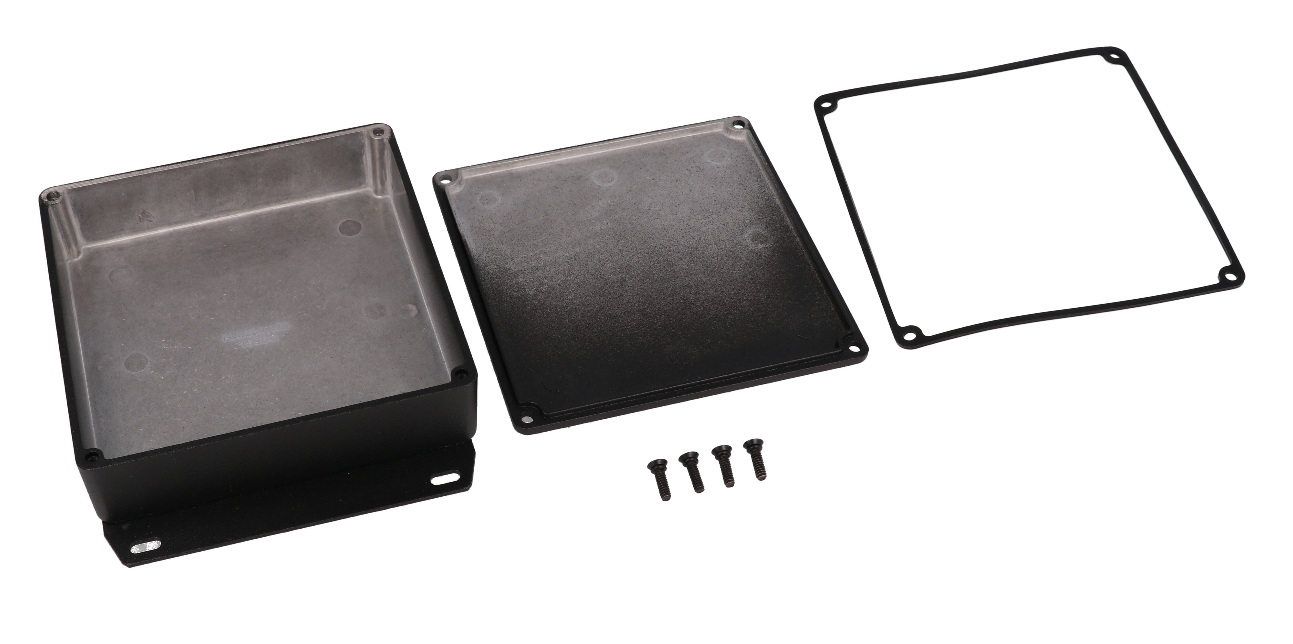 1590WQFBK textured black watertight diecast enclosure, 120 mm x 120 mm x 34 mm, with flanged bottom plate