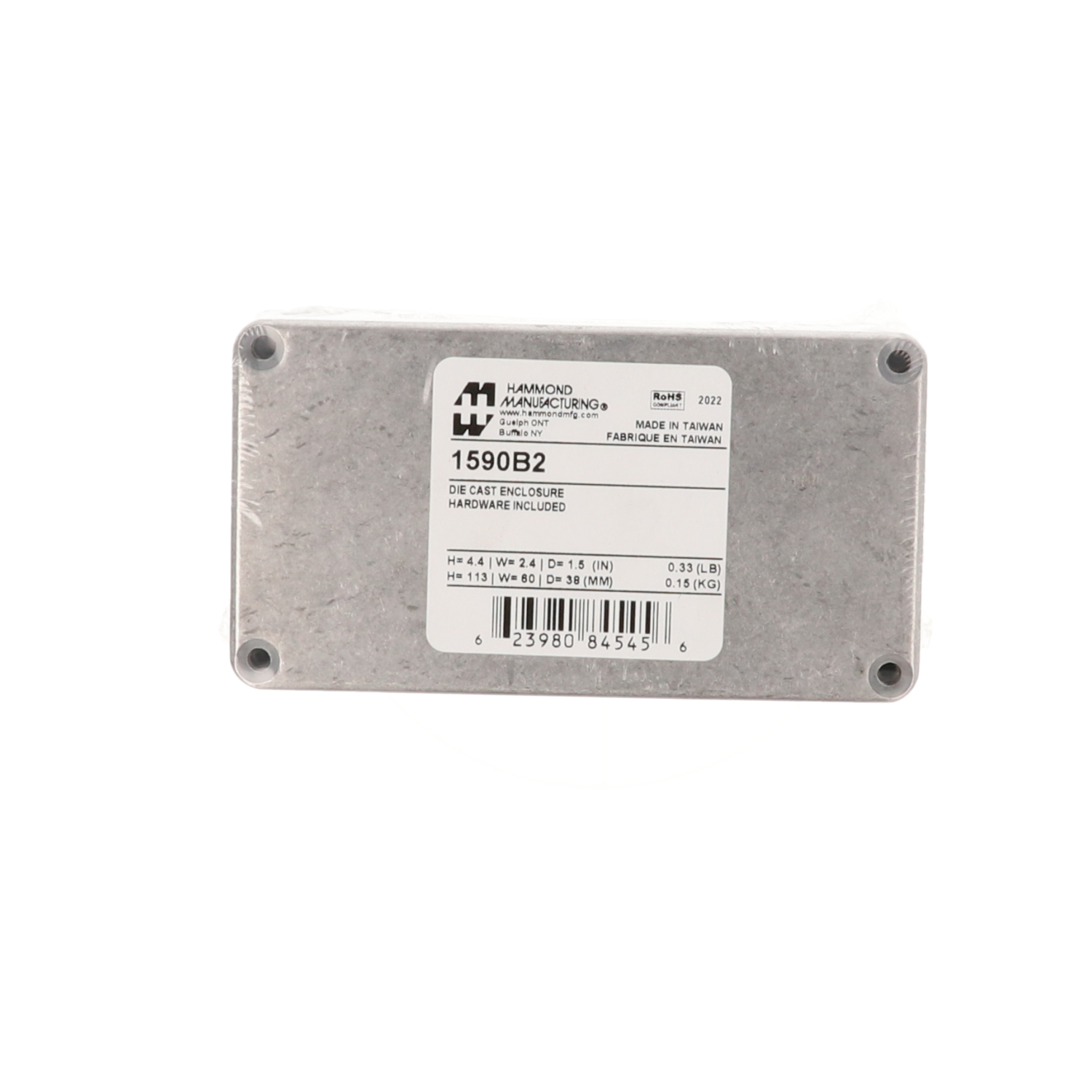 1590B2 natural diecast aluminum enclosure, 112 x 61 x 38 mm