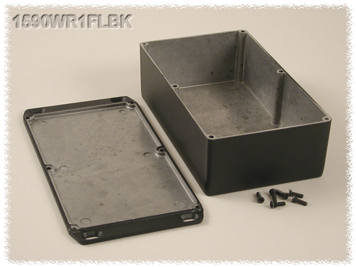 1590WR1FLBK black textured IP65 water-tight diecast aluminum enclosure with a wall-mounting flanged lid, 192x112x61mm