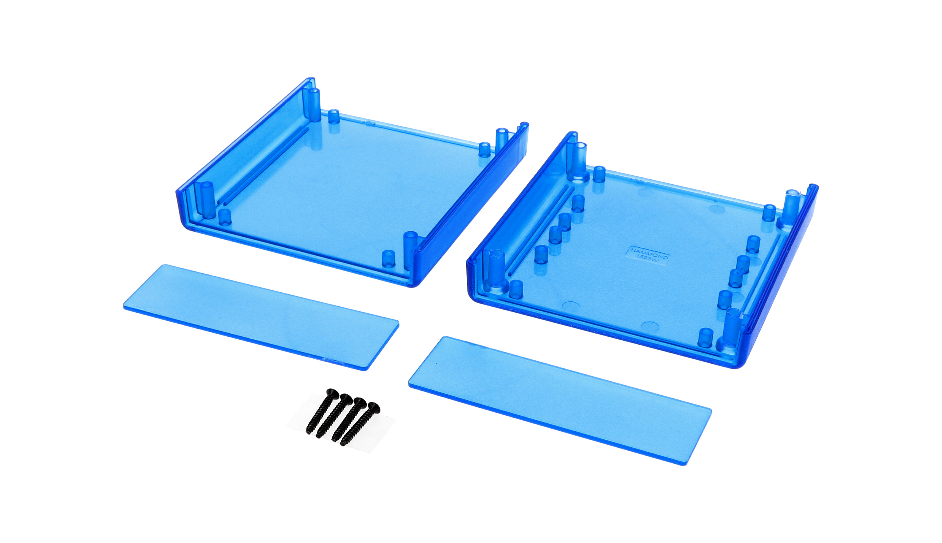 1593WTBU transparent blue ABS plastic hand held enclosure, 105 x 110 x 35 mm, with removable end panels