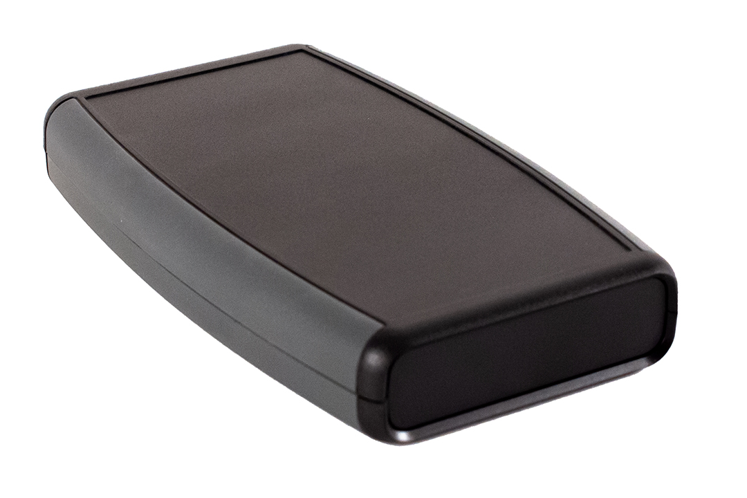 1553DXBK black ABS hand held enclosure with gray soft side overmold and two end panels