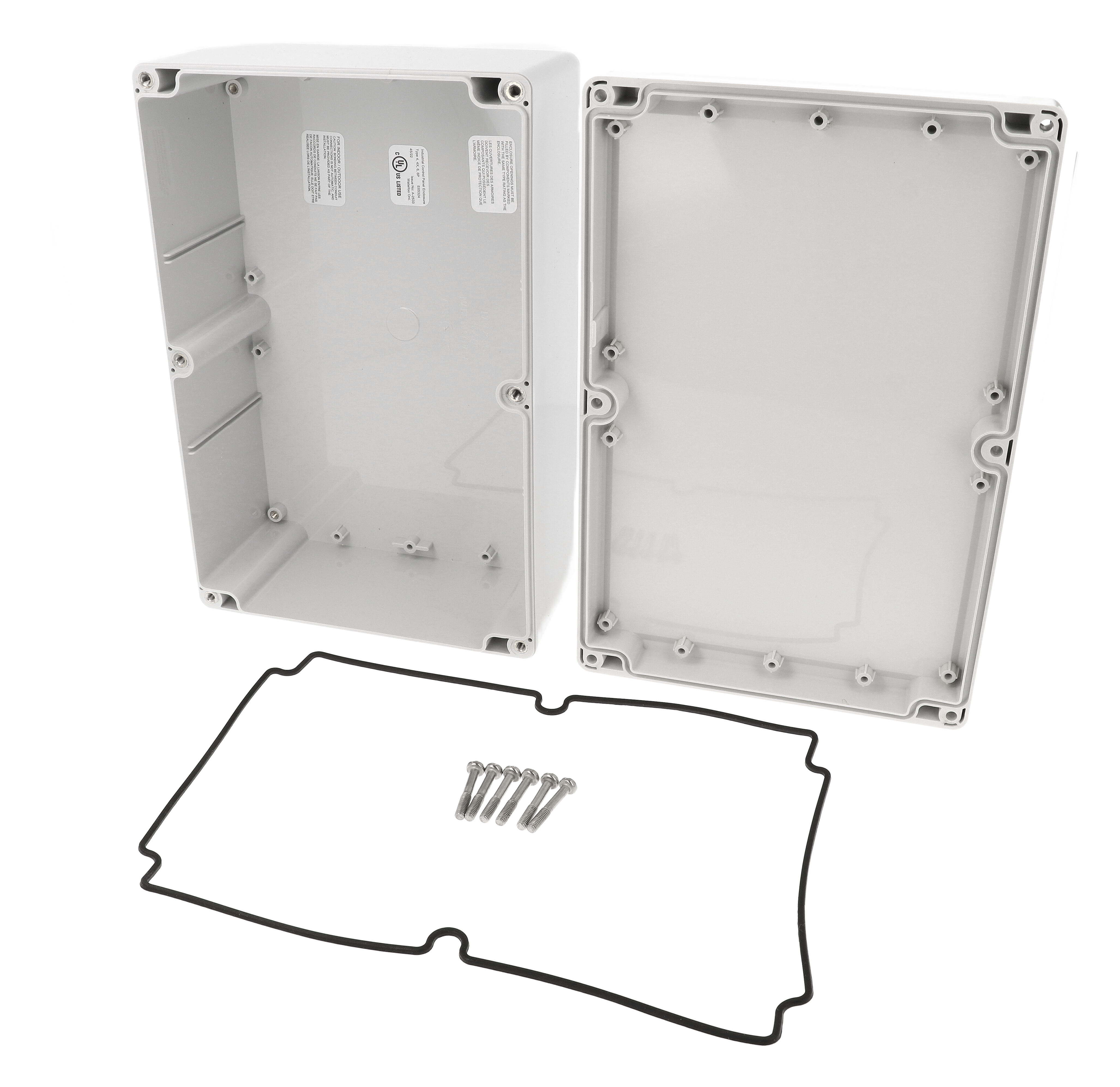 1555VA2GY light gray polycarbonate enclosure, 240 x 160 x 90 mm, with six-screw lid