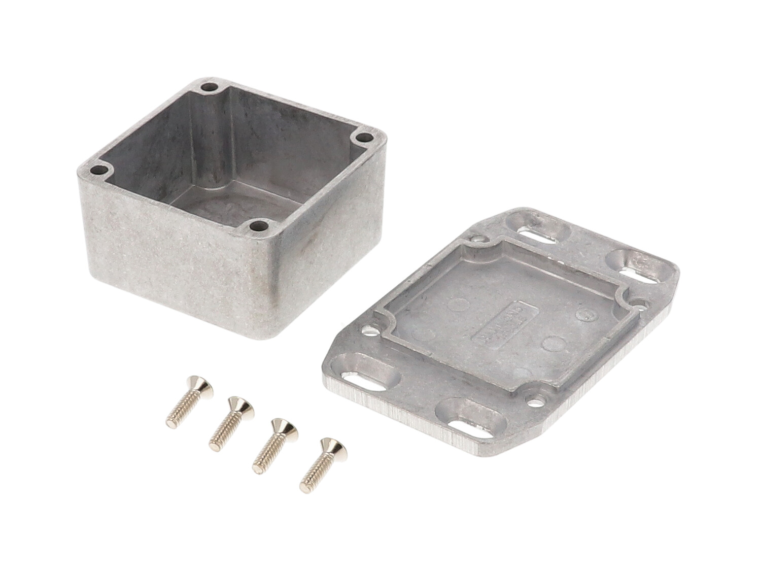1590LBFL natural diecast aluminum enclosure with wall-mounting flanged lid, 51 x 51 x 31 mm