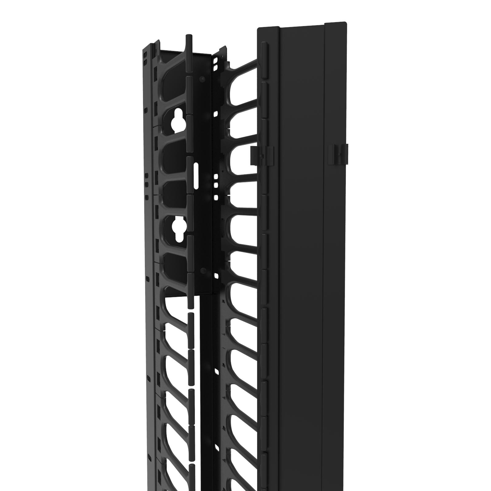 Hammond RB-VFM45-4-1 45U single-sided 4 in wide black vertical finger cable manager with removable aluminum cover for open frame racks
