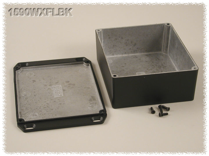 1590WXFLBK black textured watertight diecast aluminum enclosure with flanged mounting lid, 145 mm x 121 mm x 56 mm