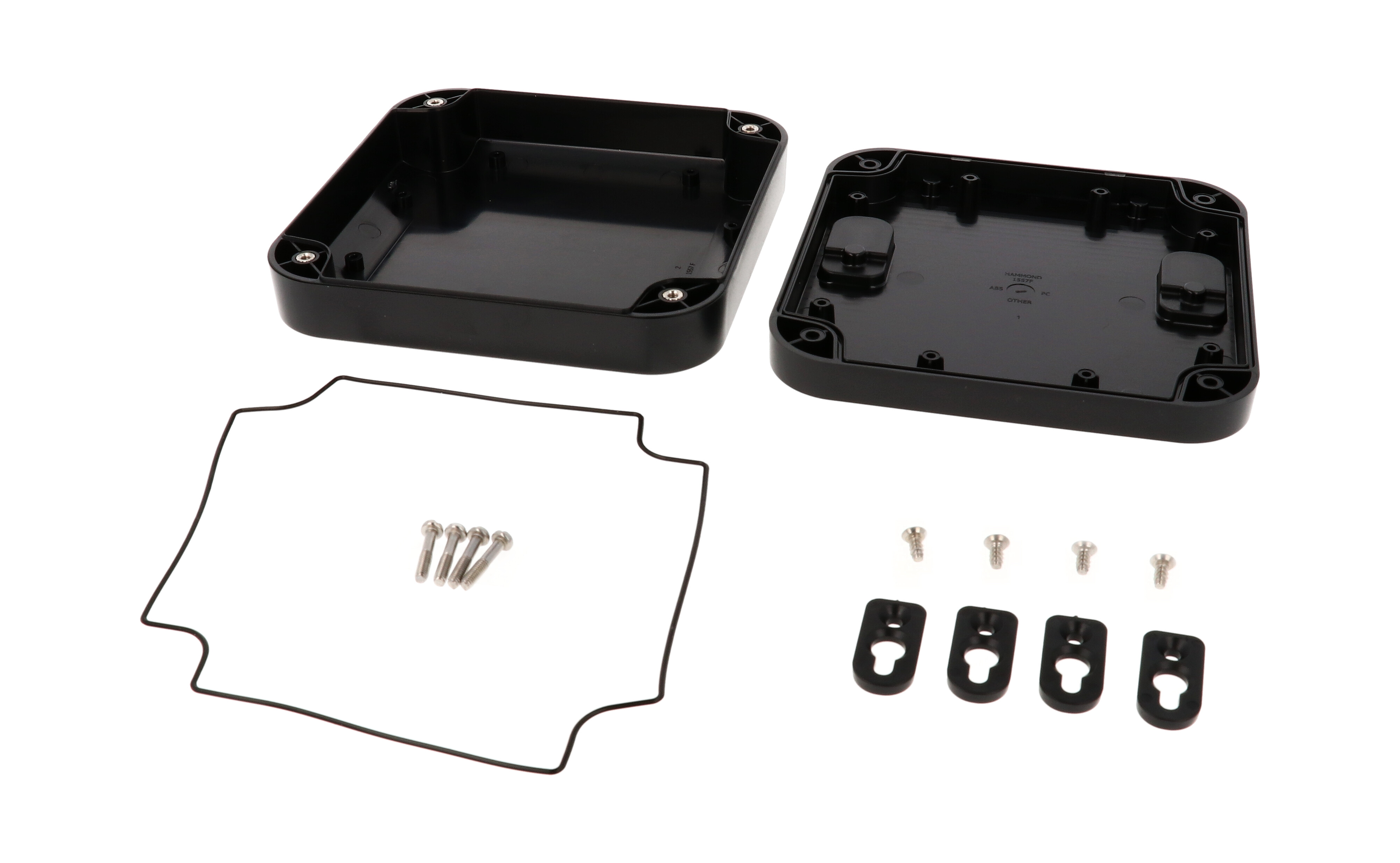 1557FBK black ABS low-profile watertight enclosure, 160 x 160 x 45 mm