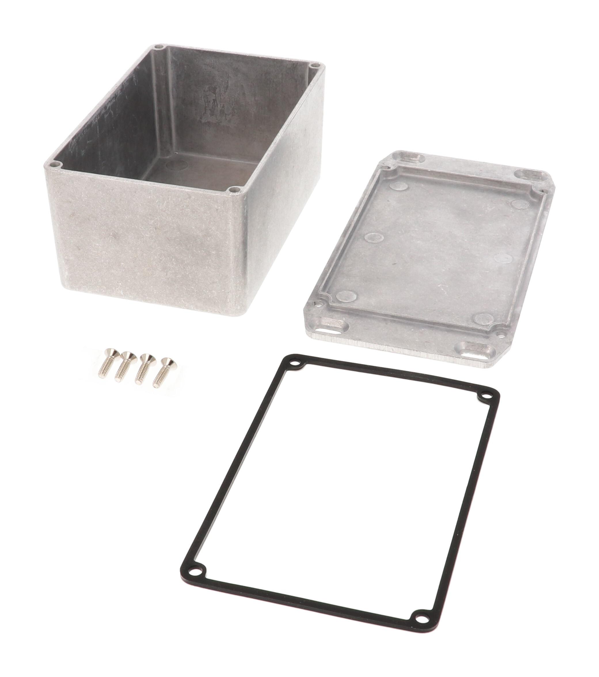 1590WTFL natural aluminum IP65 water-tight diecast aluminum enclosure with a wall-mounting flanged lid, 120x80x59mm