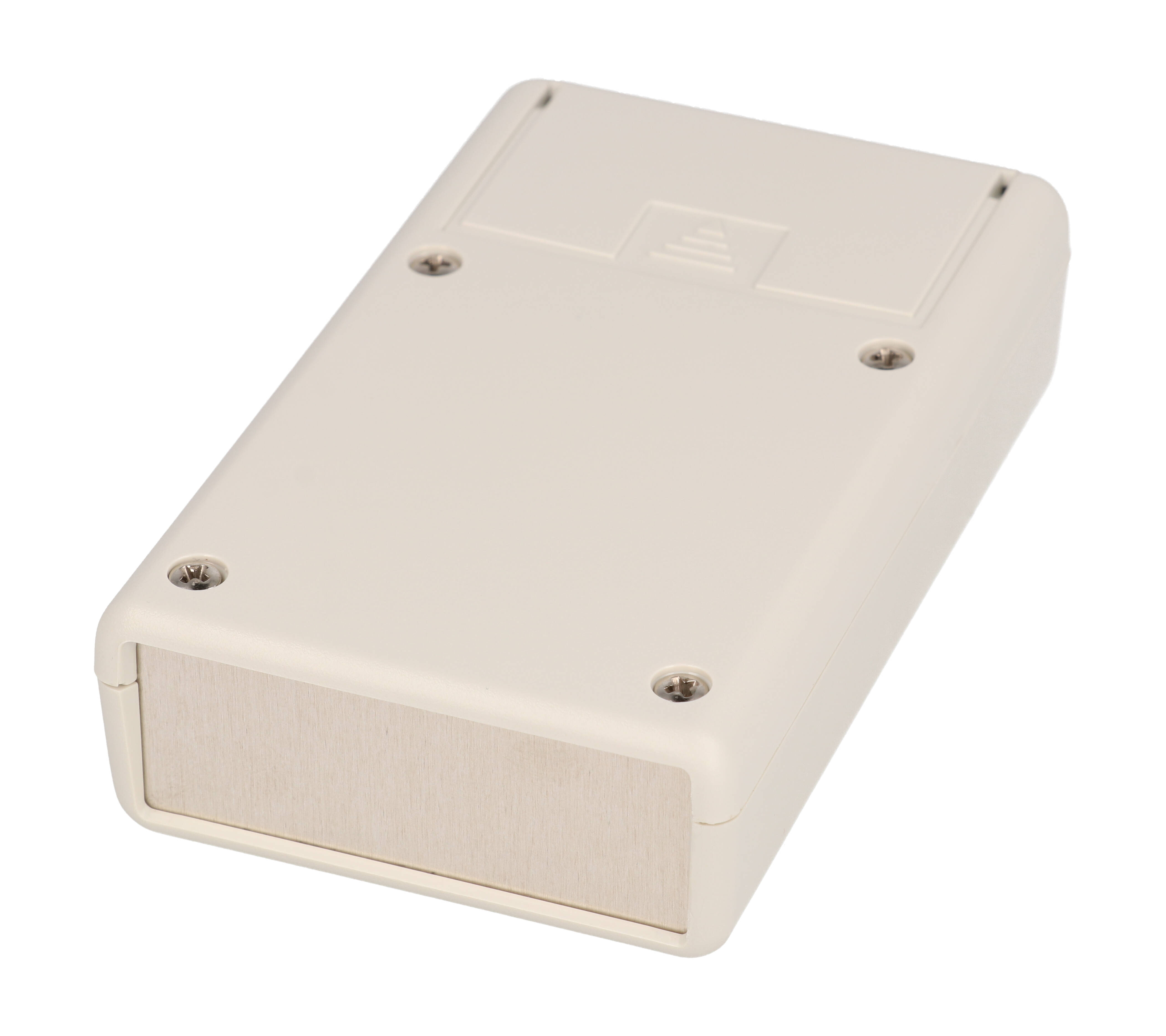 1593QALGY light gray ABS handheld enclosure with battery door and aluminum front panel