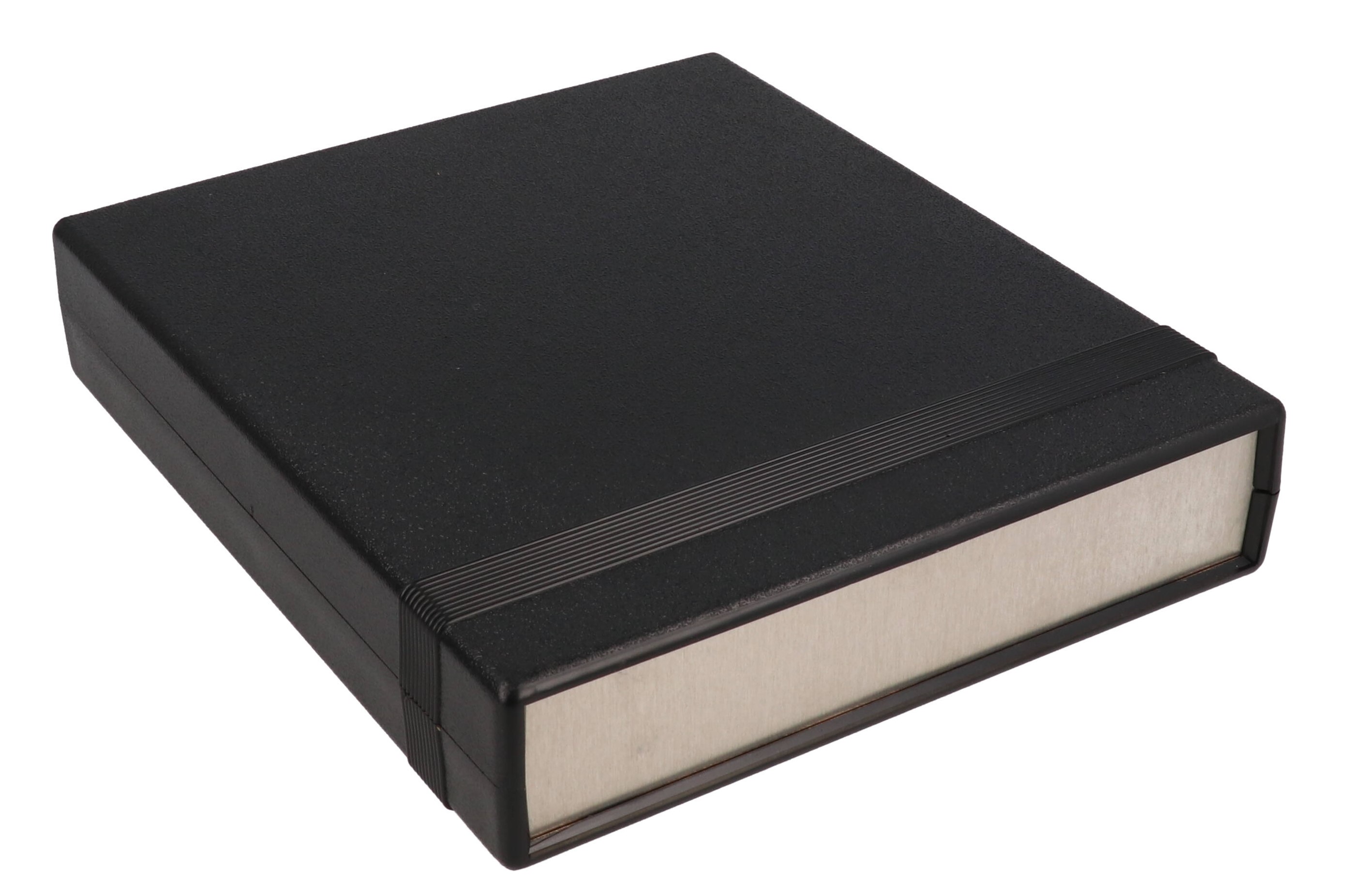 1598RBBBK black ABS EMI/RFI shielded instrument enclosure, 179 x 154.5 x 35 mm, with brushed aluminum end panels