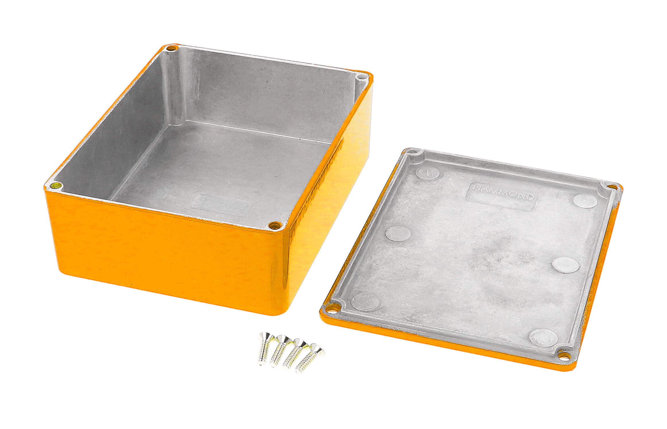 1590BBSOR orange powder coated diecast aluminum stomp box enclosure, 120 x 94 x 42 mm, with lid