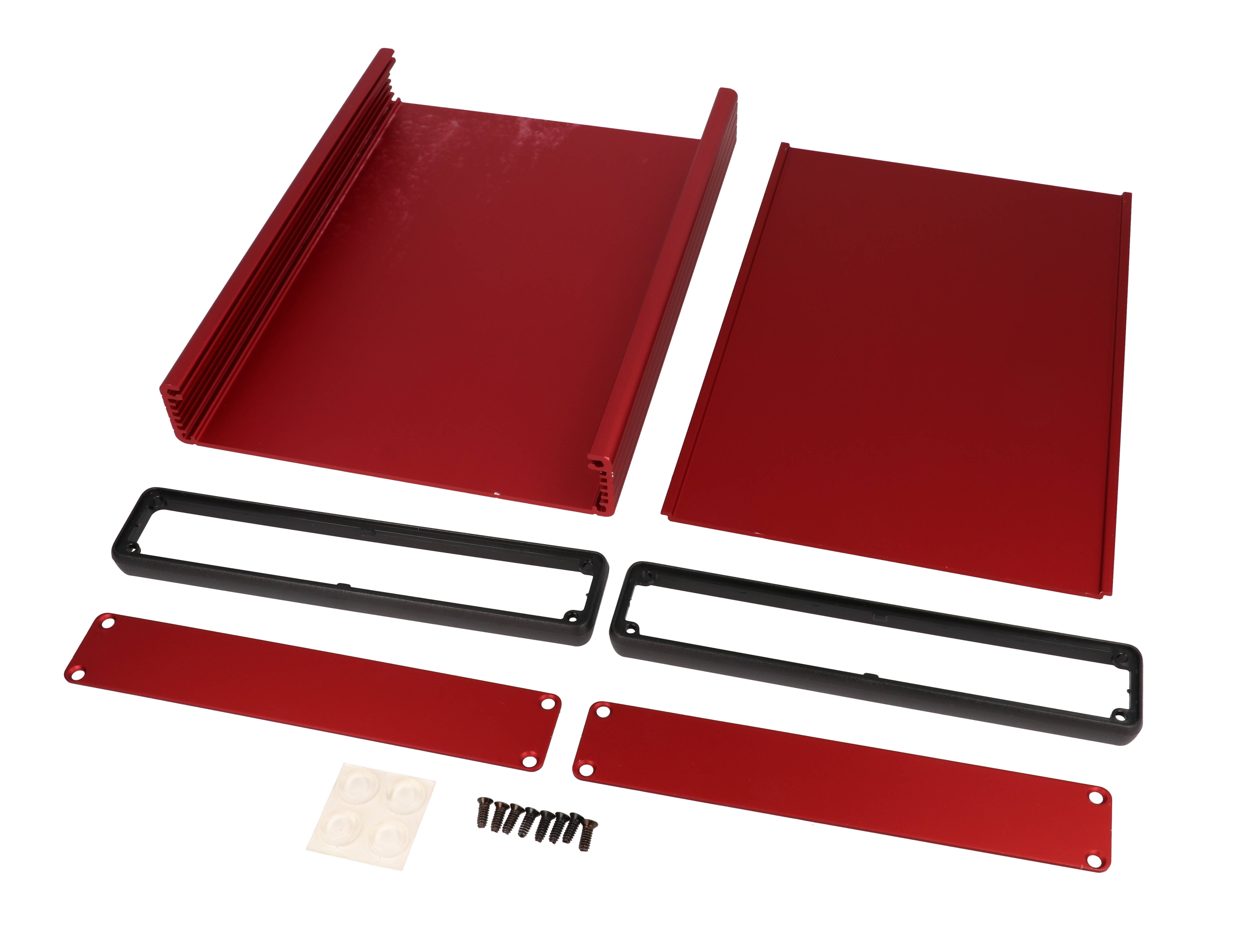 1455R2201RD red anodized extruded aluminum PC board enclosure, 220 x 165 x 30.5 mm, with aluminum end panels and open bezels