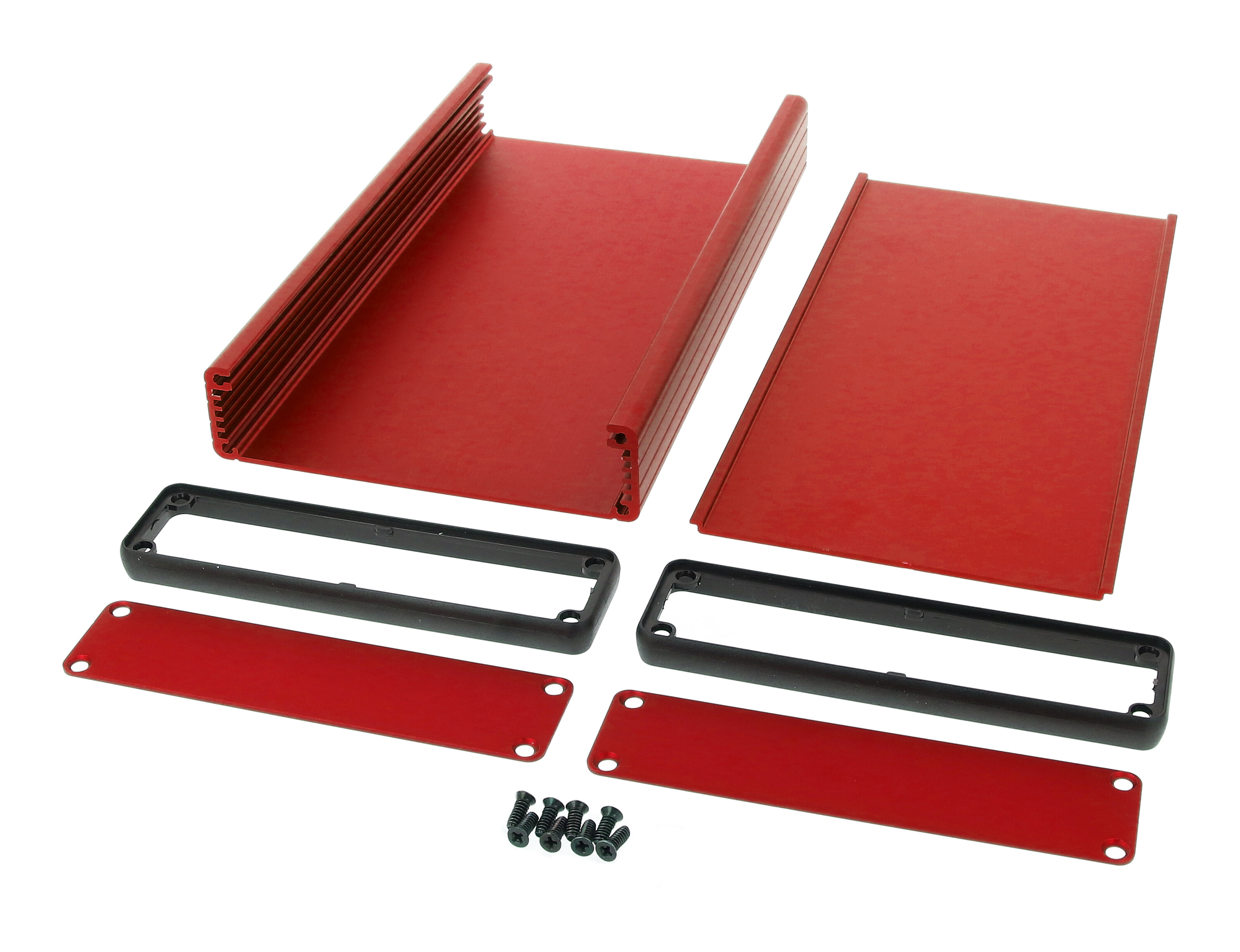 1455P2201RD red anodized extruded aluminum PC board enclosure, 220 x 125 x 30.5 mm, with aluminum end panels and open bezels