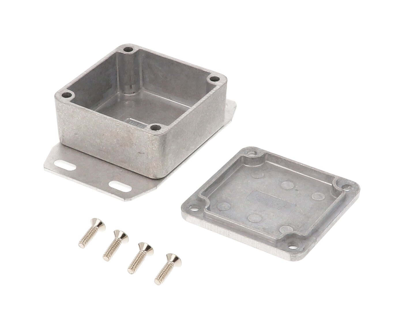 1590LLBF natural diecast aluminum enclosure with welded bottom flange, 51 x 51 x 25 mm