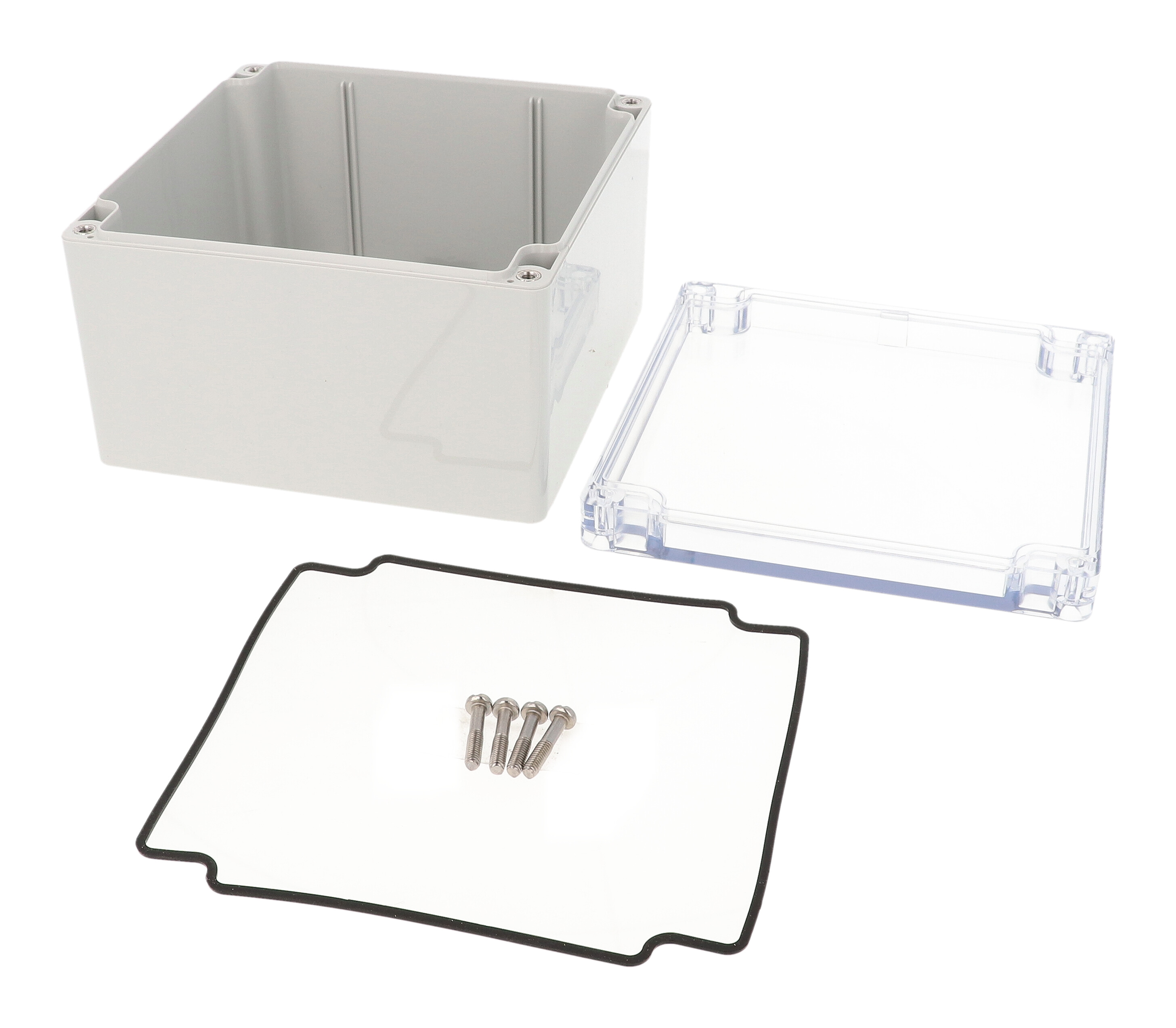 1554QA2GYCL polycarbonate enclosure with clear lid, 140 x 140 x 90 mm, light gray base