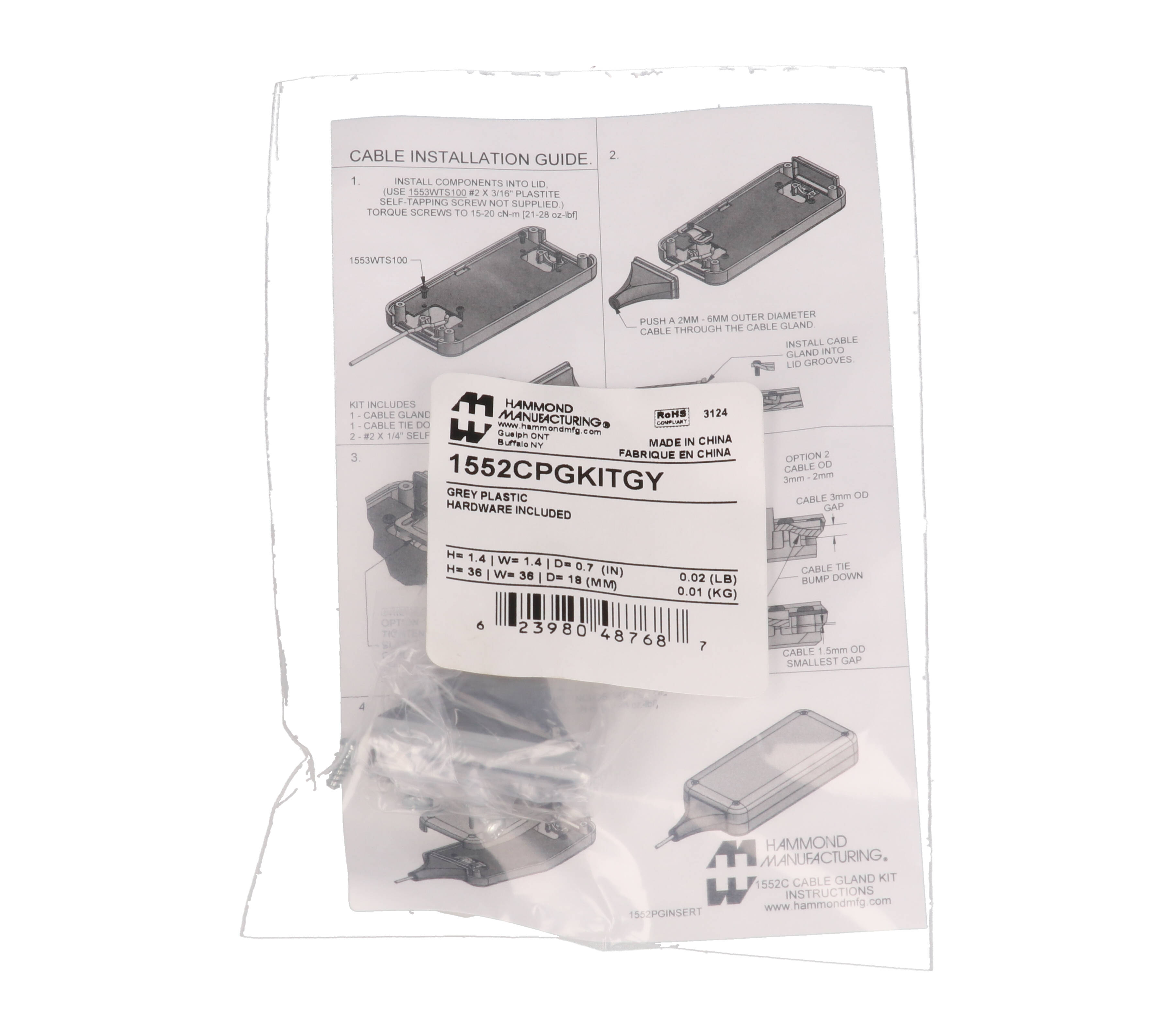 1552CPGKITGY gray rubberized cable gland kit with tie-down for 1552 size C hand-held enclosures