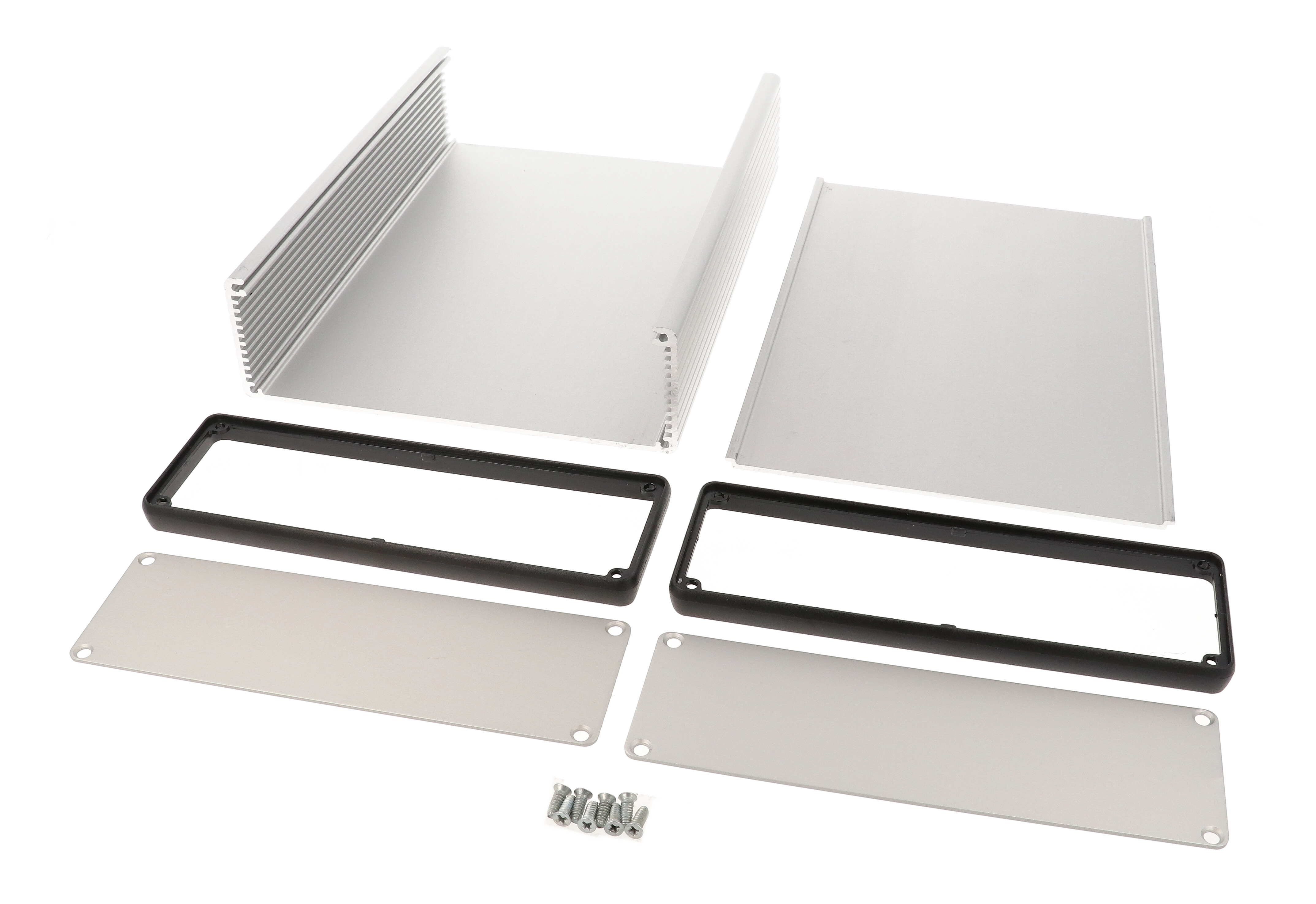 1455T2201 clear anodized extruded aluminum enclosure with aluminum end panels and black bezels