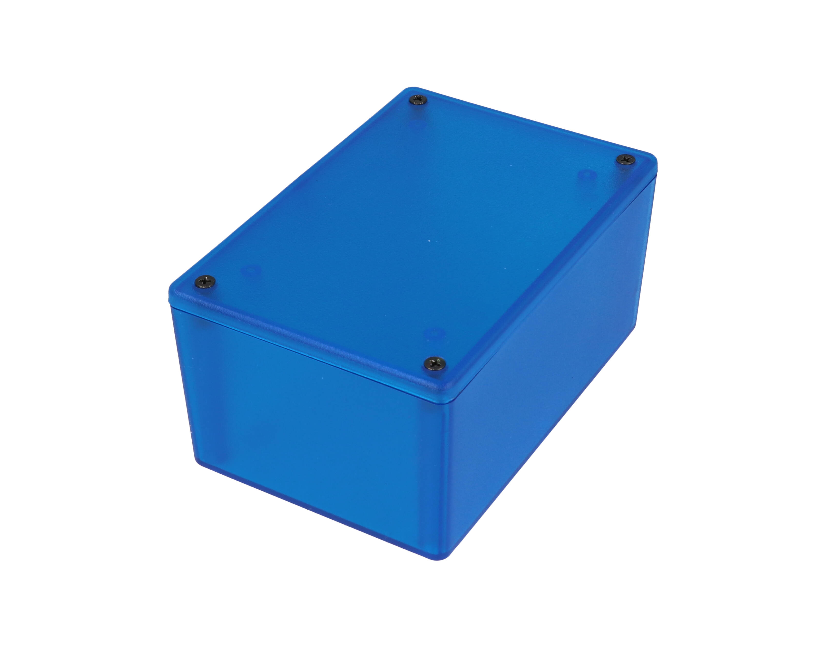 1591XXTTBU transparent blue ABS plastic enclosure with PC board standoffs, 123 x 83 x 59 mm