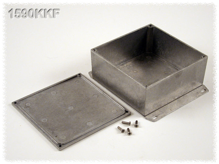 1590KKF natural diecast aluminum enclosure with welded flanged bottom plate, 125 x 125 x 57 mm