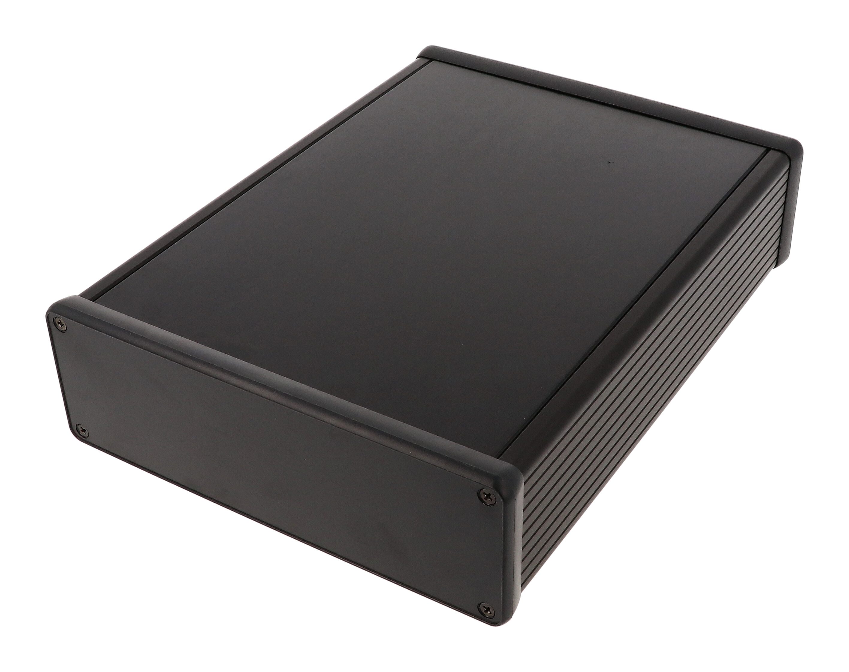 1455T2202BK — black extruded aluminum enclosure w/ plastic end panels