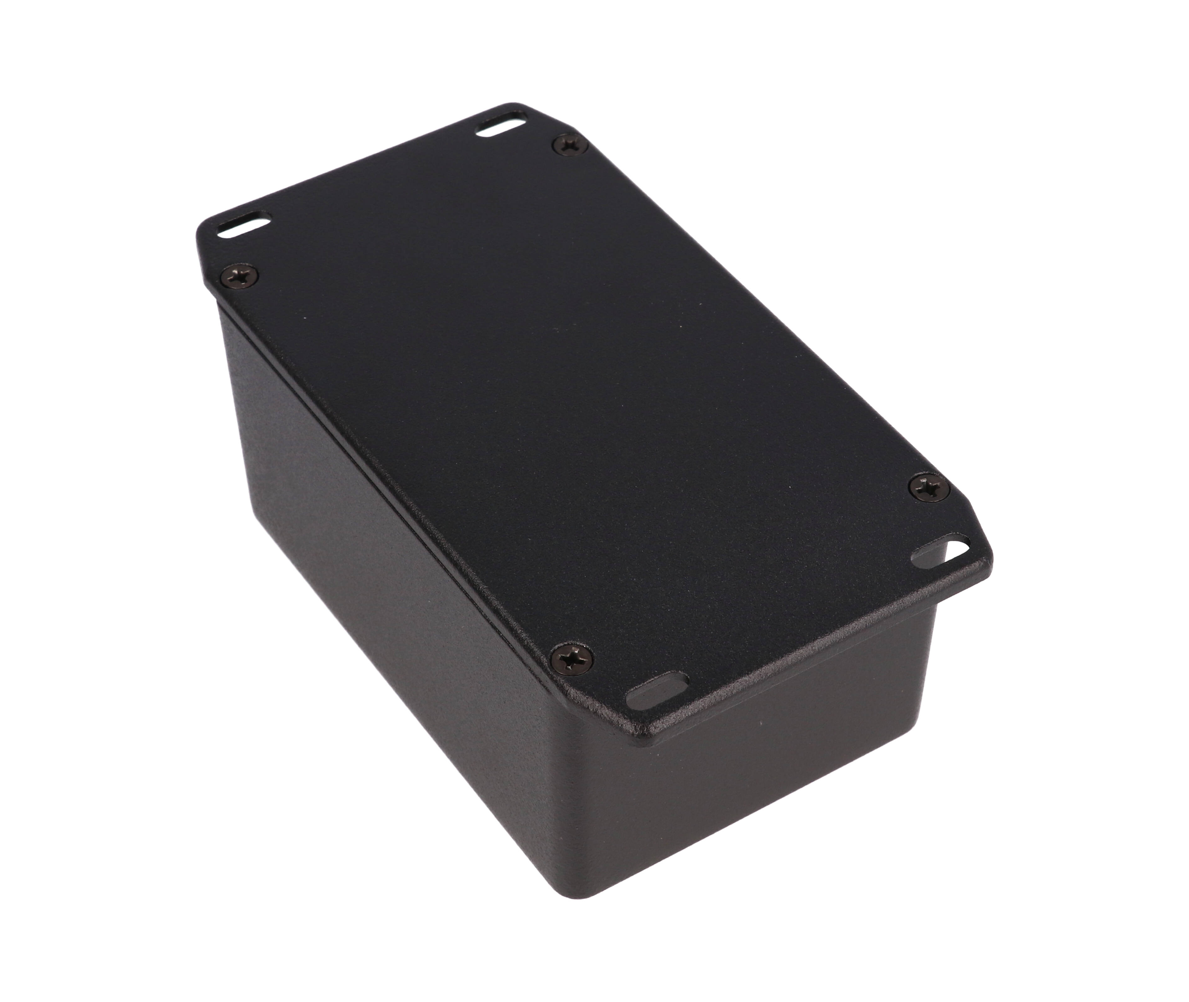 1590TFLBK textured black diecast aluminum enclosure with flanged lid for wall mounting