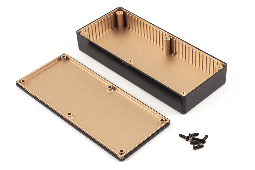 1591RHBK black ABS enclosure, 166 x 71 x 29 mm, with EMI/RFI copper conductive coating inside