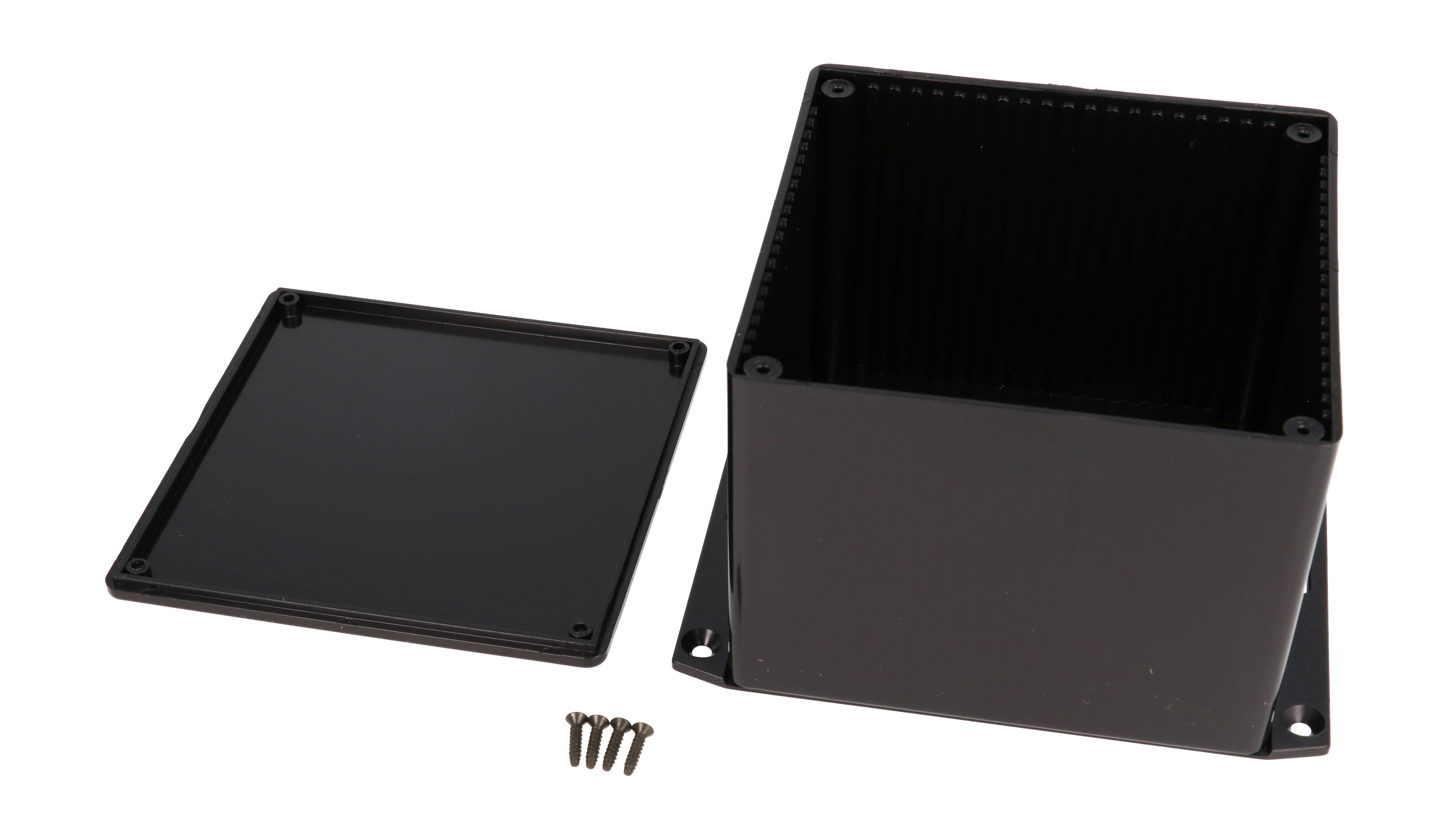 1591VF2SBK black ABS plastic enclosure with bottom flange, 120 x 120 x 94 mm