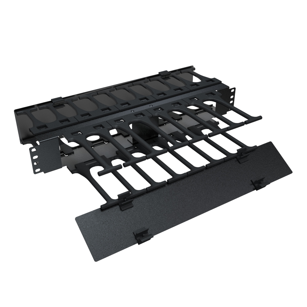 Hammond RB-HFMS2 2U black steel horizontal finger cable manager with removable cover for 19-inch racks
