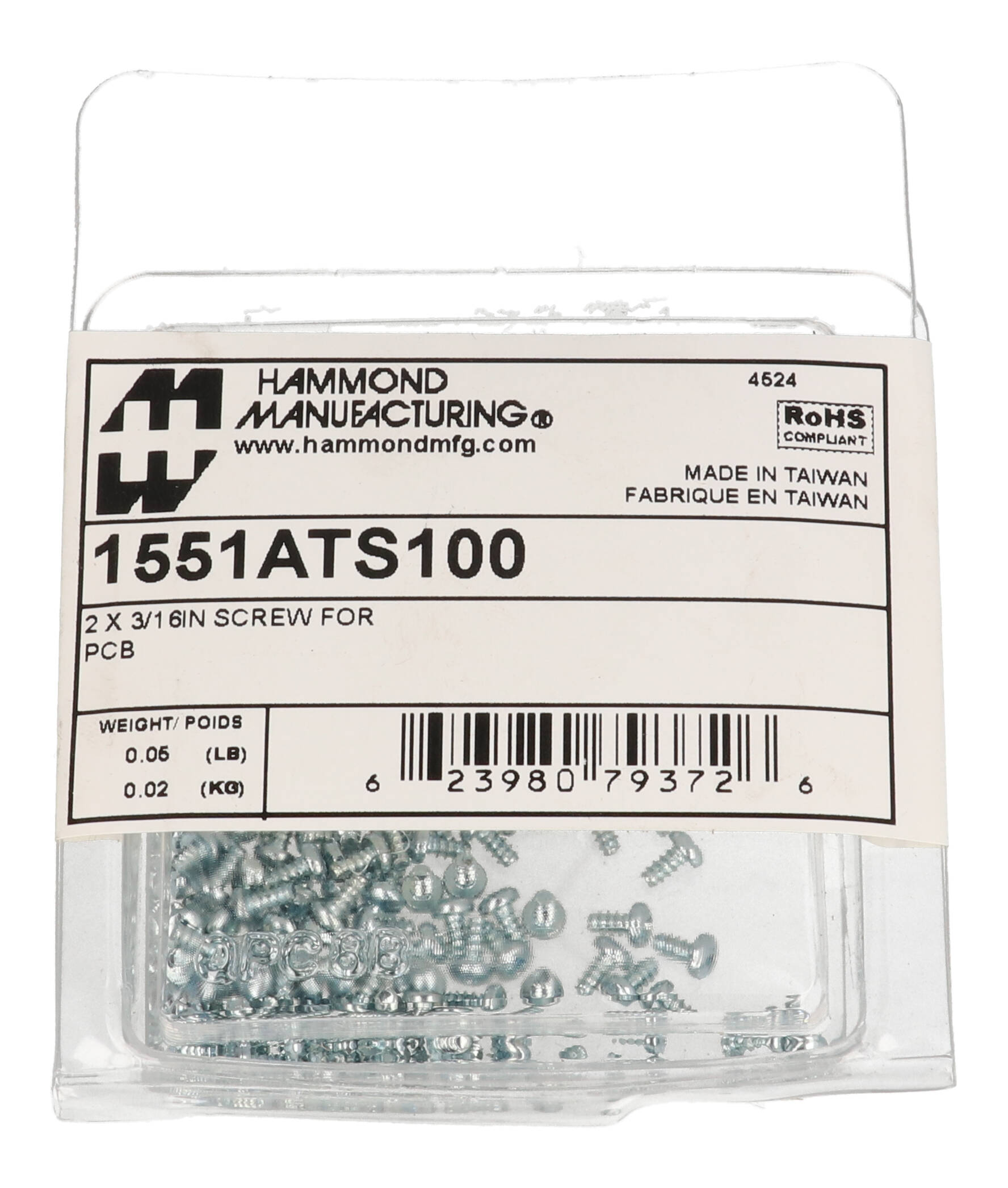 1551ATS100 zinc plated #2 x 3/16 inch self-tapping PCB mounting screws, pack of 100