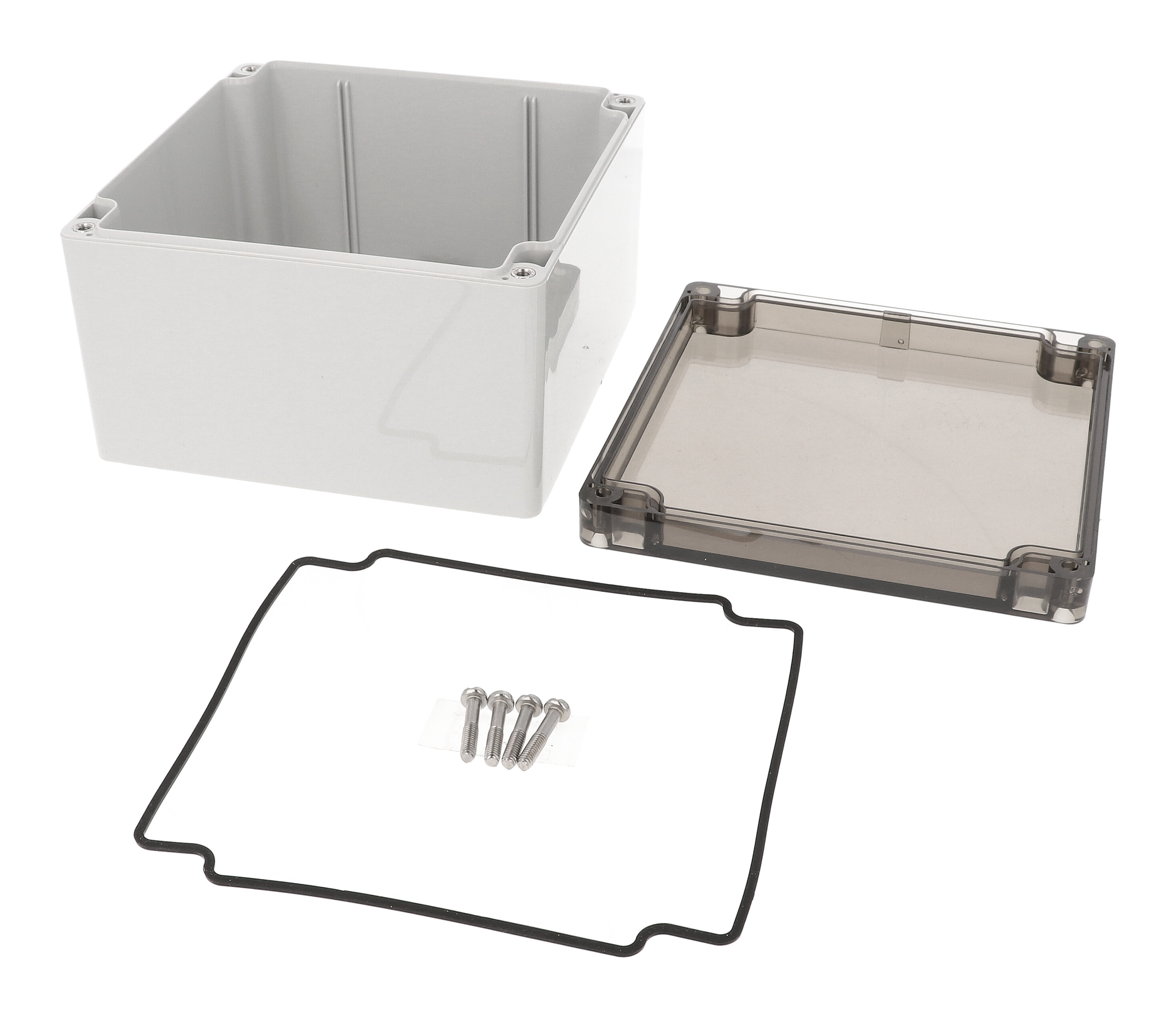 1554QA2GYSL light gray polycarbonate enclosure with smoked lid, 140 x 140 x 90 mm