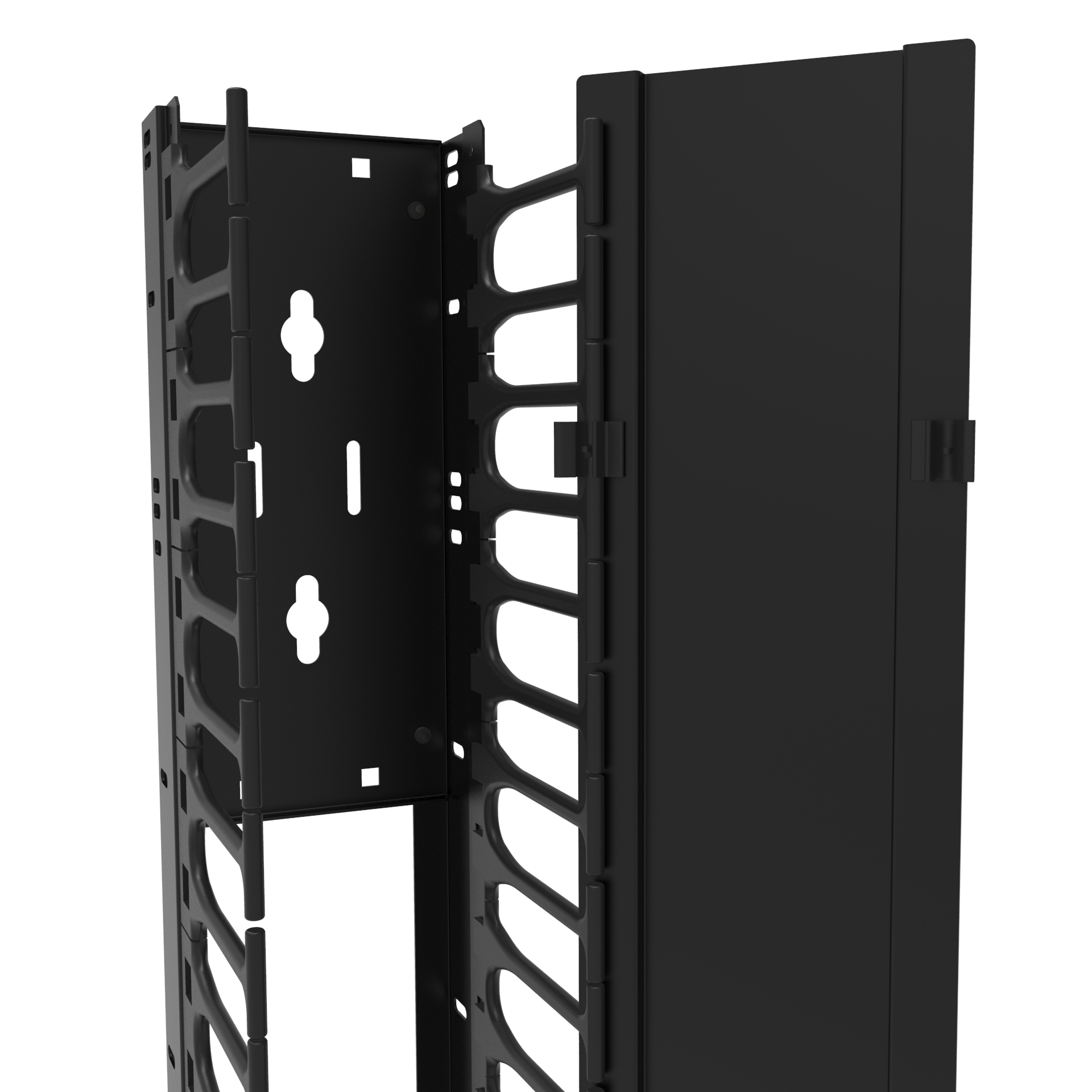 Hammond RB-VFM45-4-1 45U single-sided 4 in wide black vertical finger cable manager with removable aluminum cover for open frame racks