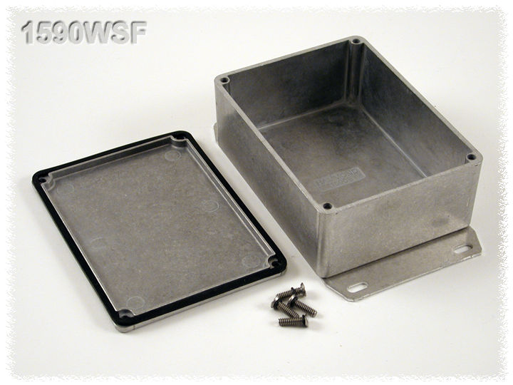 1590WSF natural aluminum IP65 water-tight diecast aluminum enclosure with a welded flanged bottom plate, 110x82x44mm