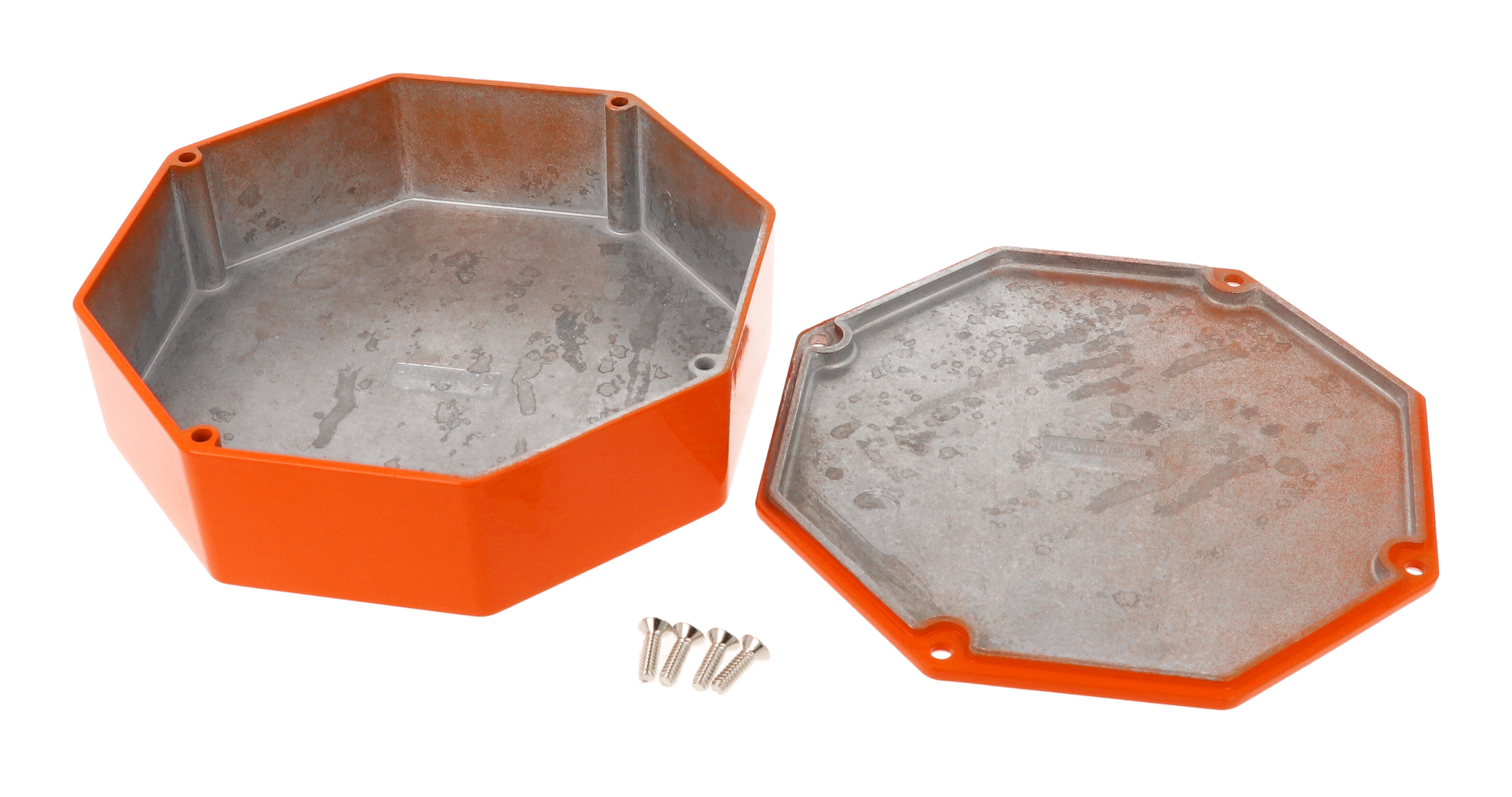 1590STPCOR orange painted diecast aluminum octagon stomp box enclosure with lid and cover screws