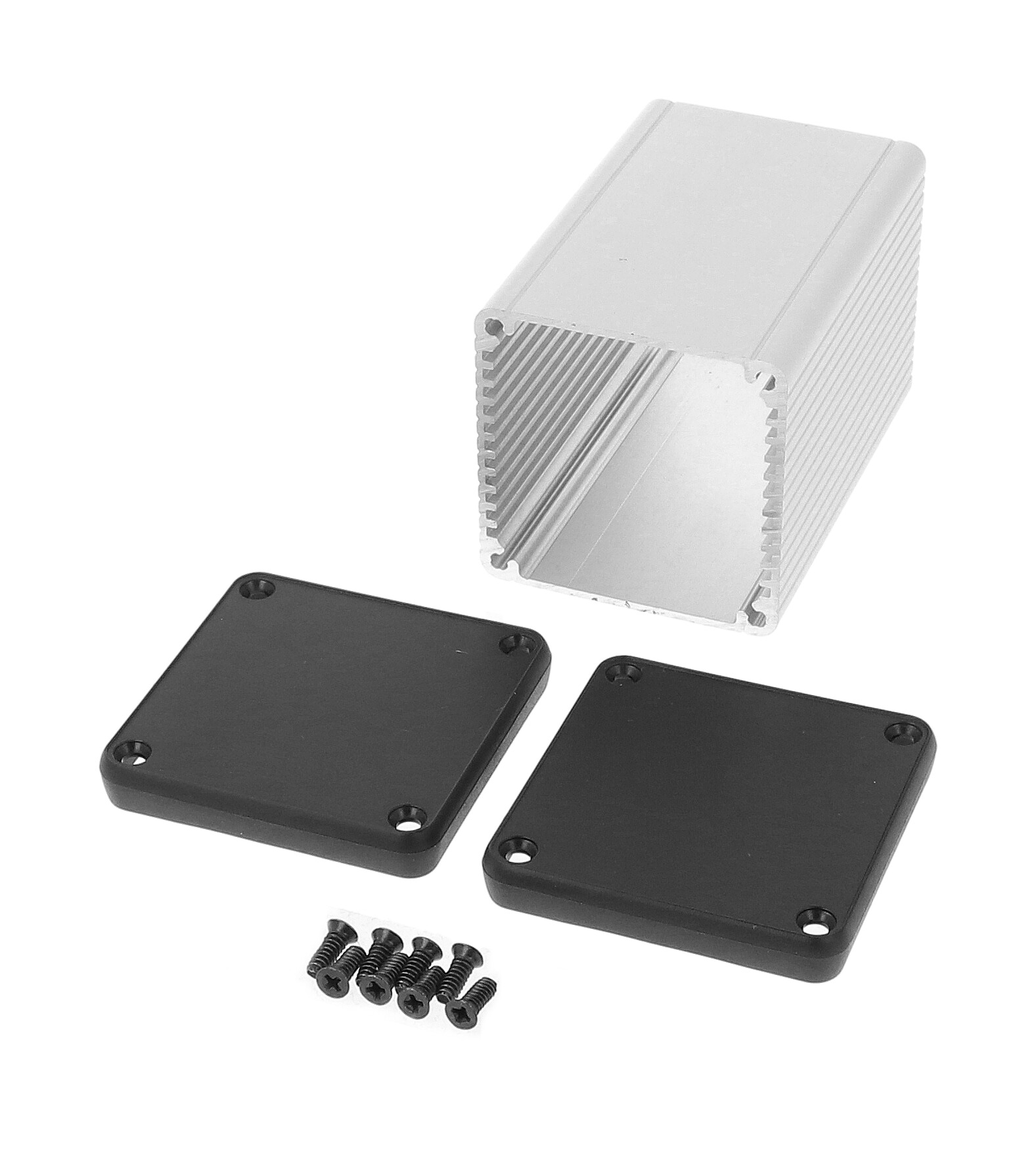 1455CS802 clear anodized square extruded aluminum enclosure, 80 x 54 x 54 mm, with closed black plastic end panels