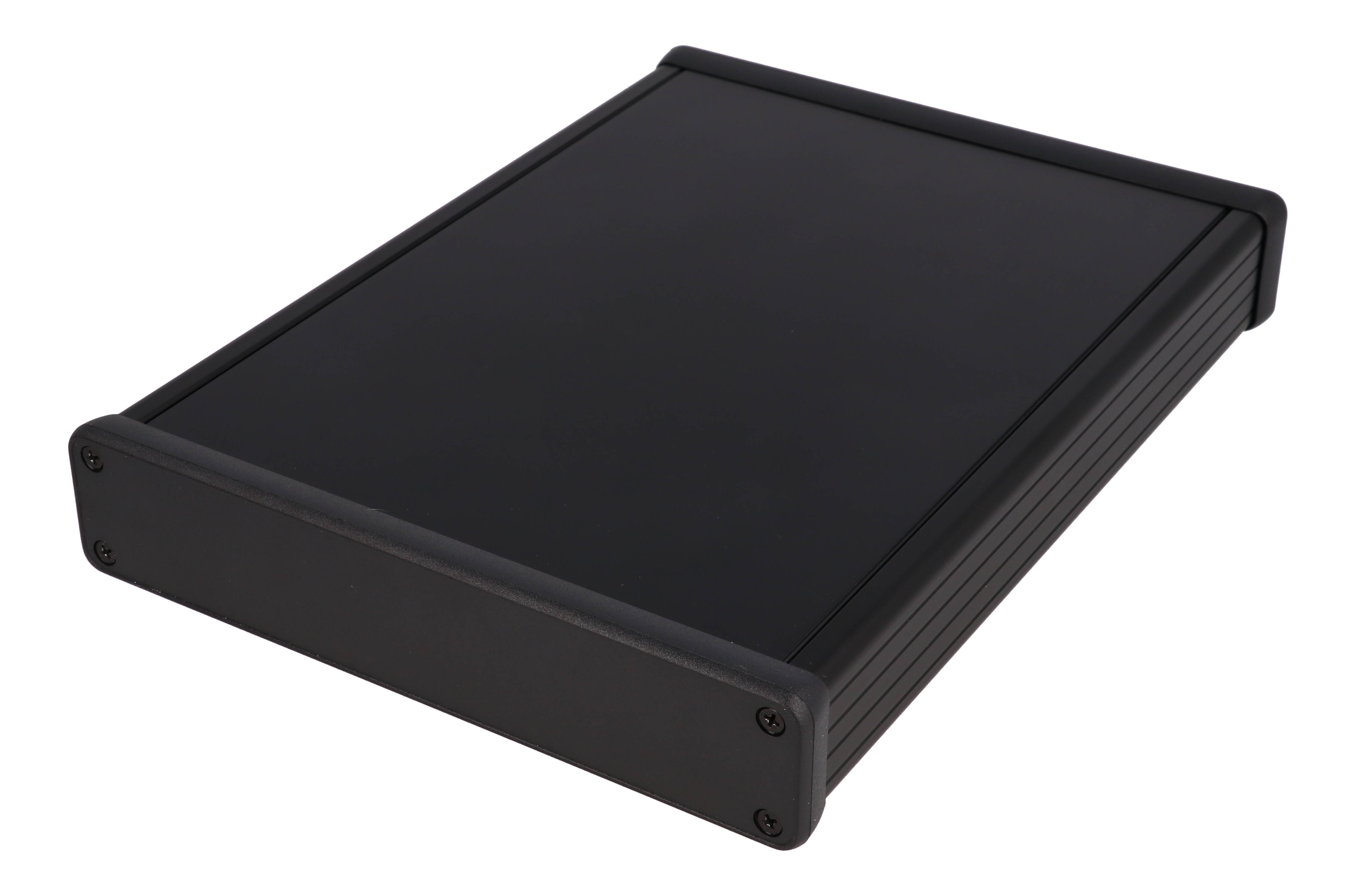 1455R2202BK — black extruded aluminum enclosure w/ plastic end panels