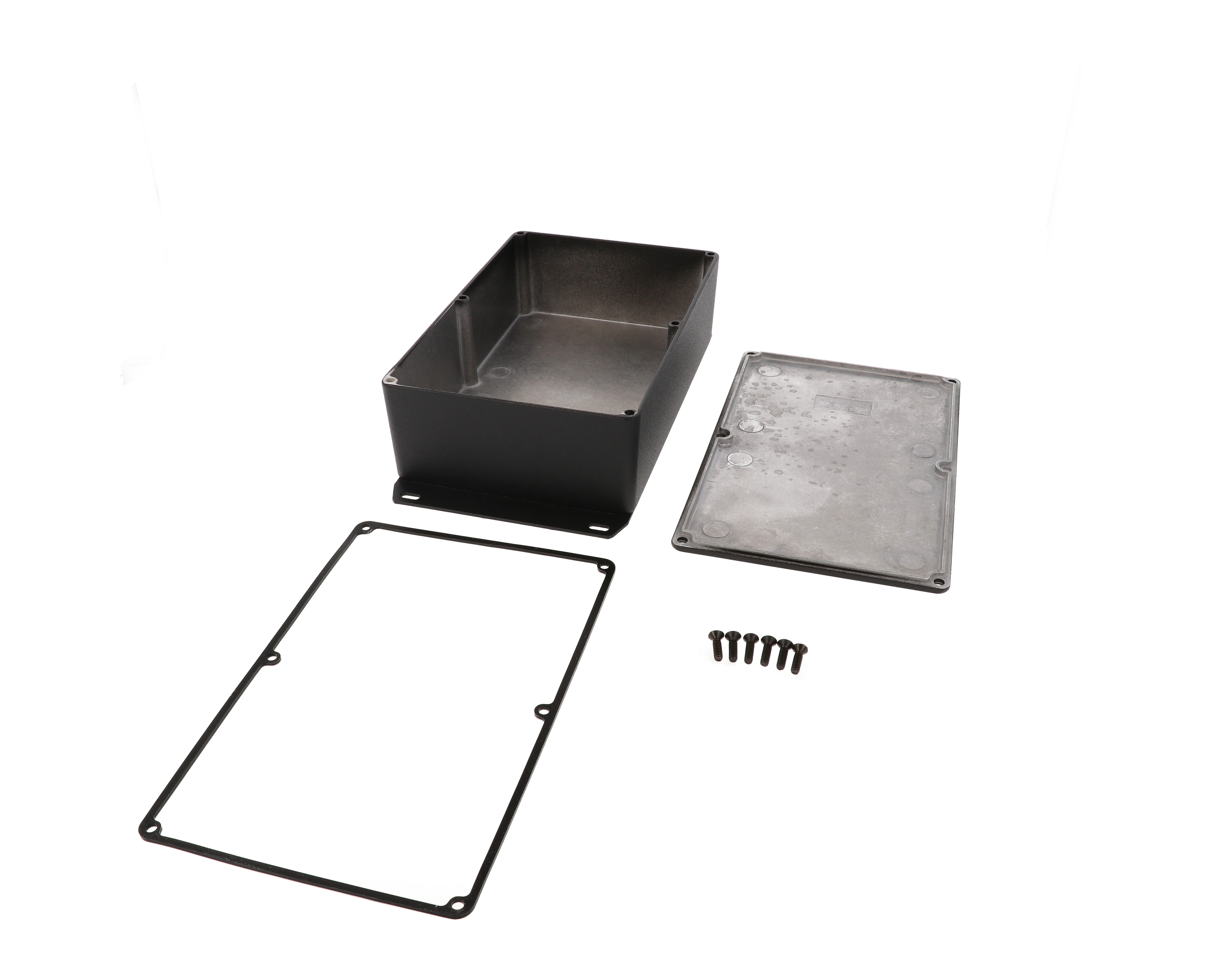 1590WDFBK textured black watertight diecast aluminum enclosure, 188 mm x 119 mm x 56 mm, with flanged bottom plate