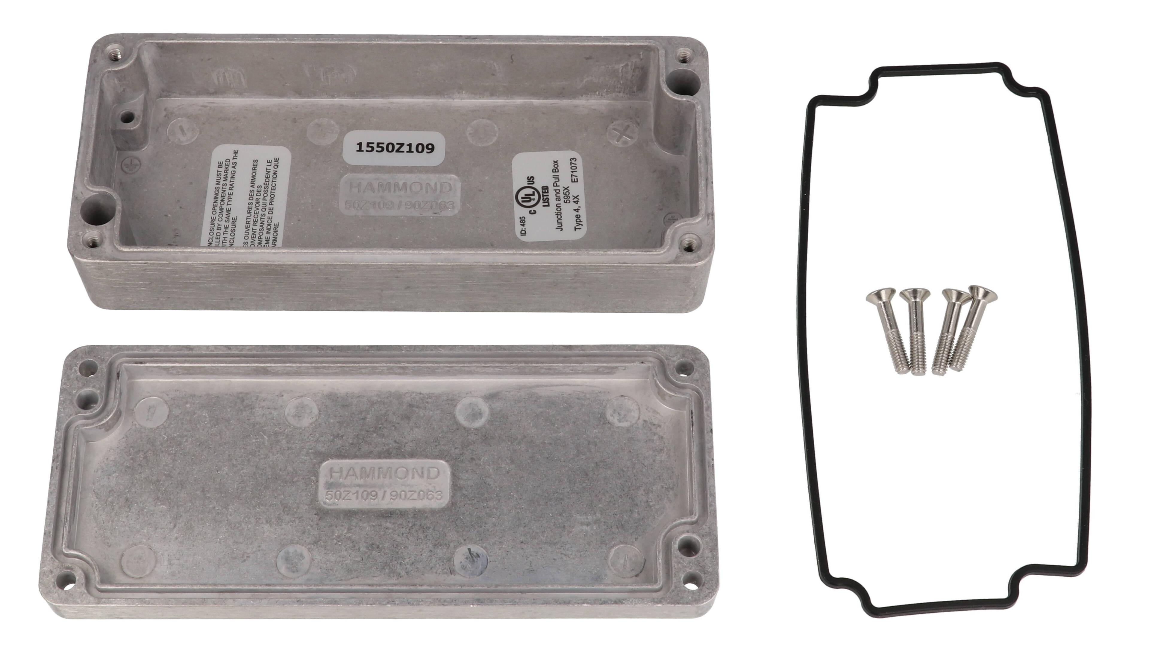 Hammond 1550Z109 natural unpainted watertight diecast aluminum enclosure, 150 x 64 x 36 mm, with lid and cover screws