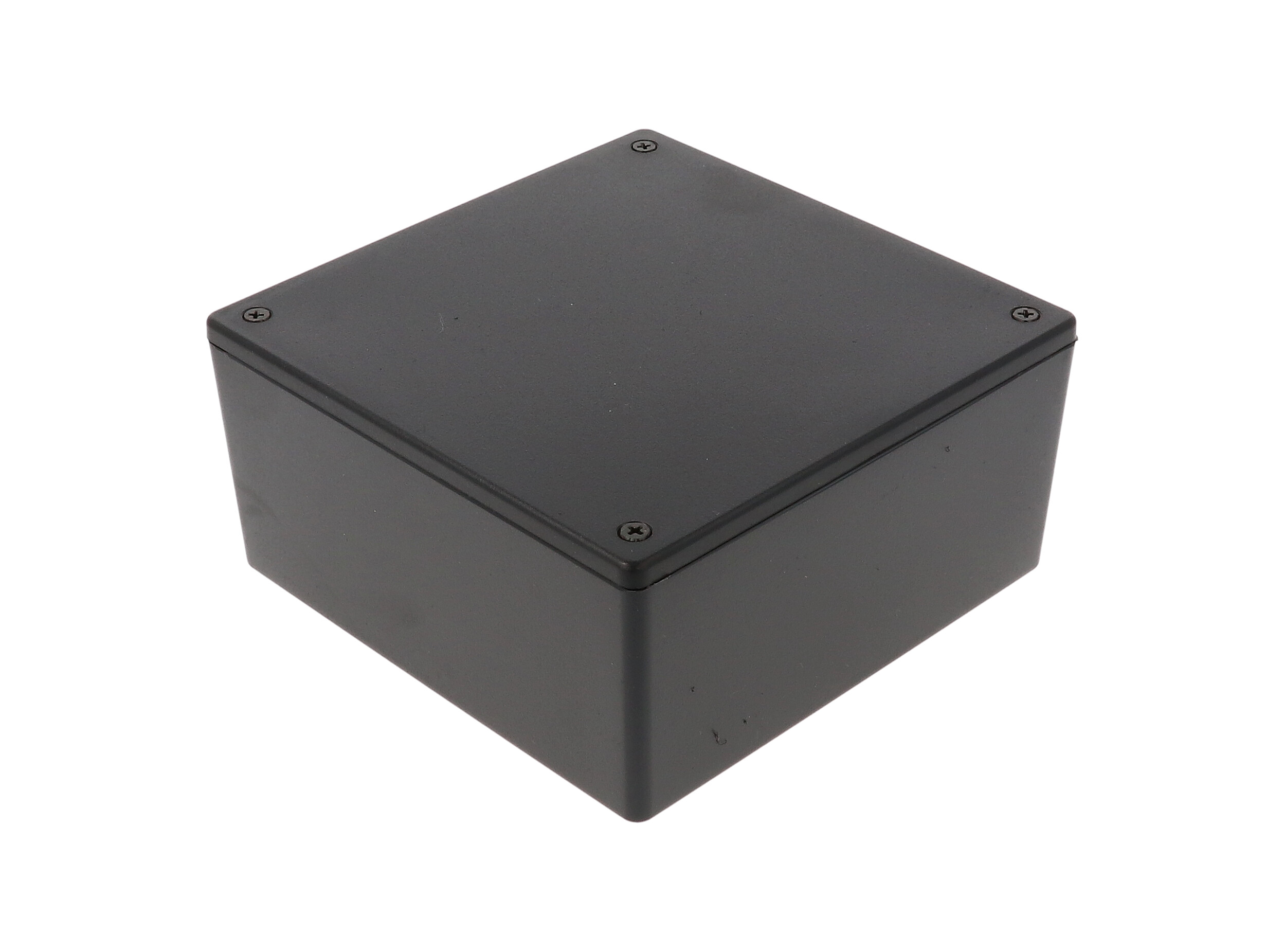 1591XXUBK black ABS plastic enclosure with PC board standoffs, 124 x 124 x 60 mm