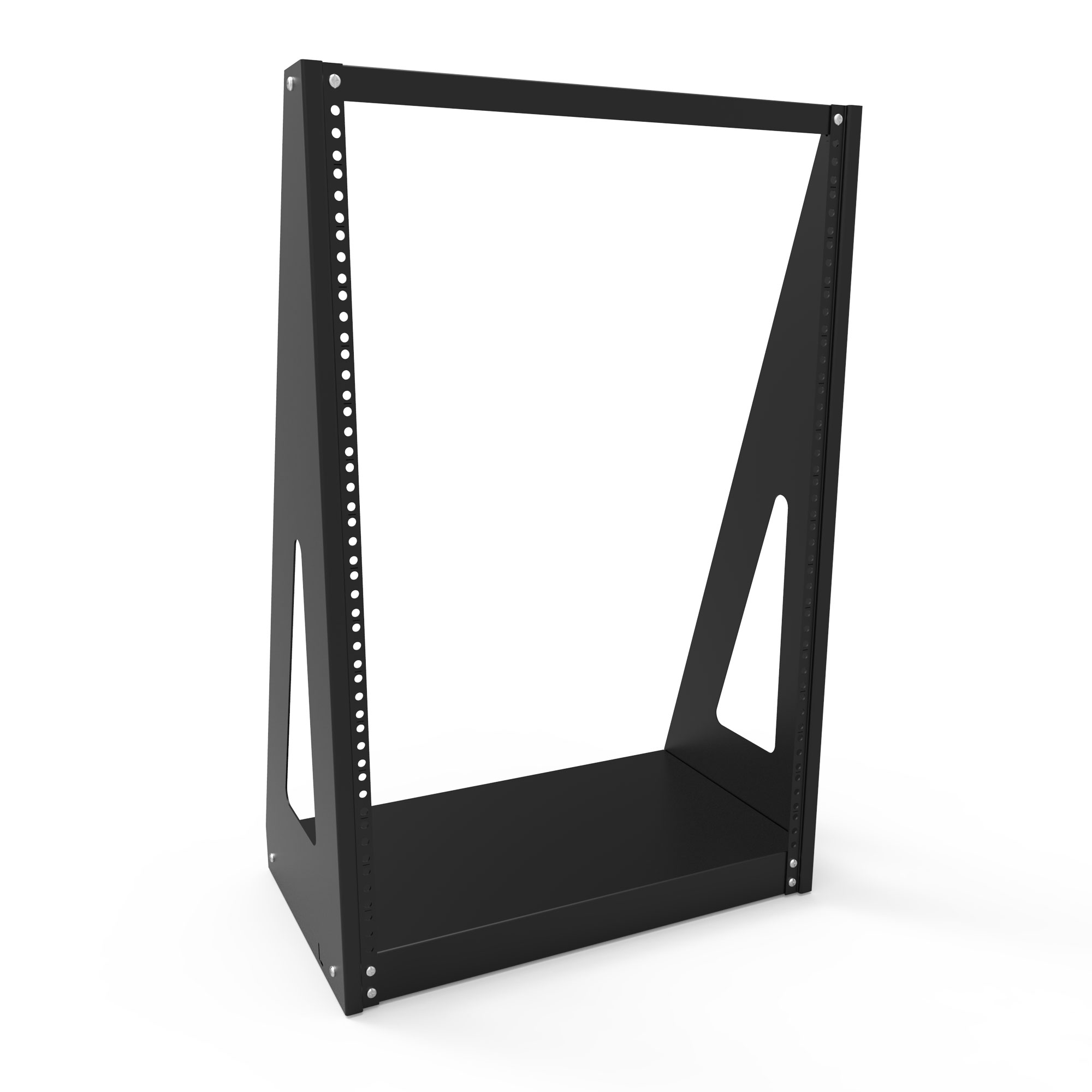 Hammond RRTT1921BK1 12U tabletop 2-post open frame rack in RAL9005 black with 19-inch round hole mounting rails and freestanding base — view 2
