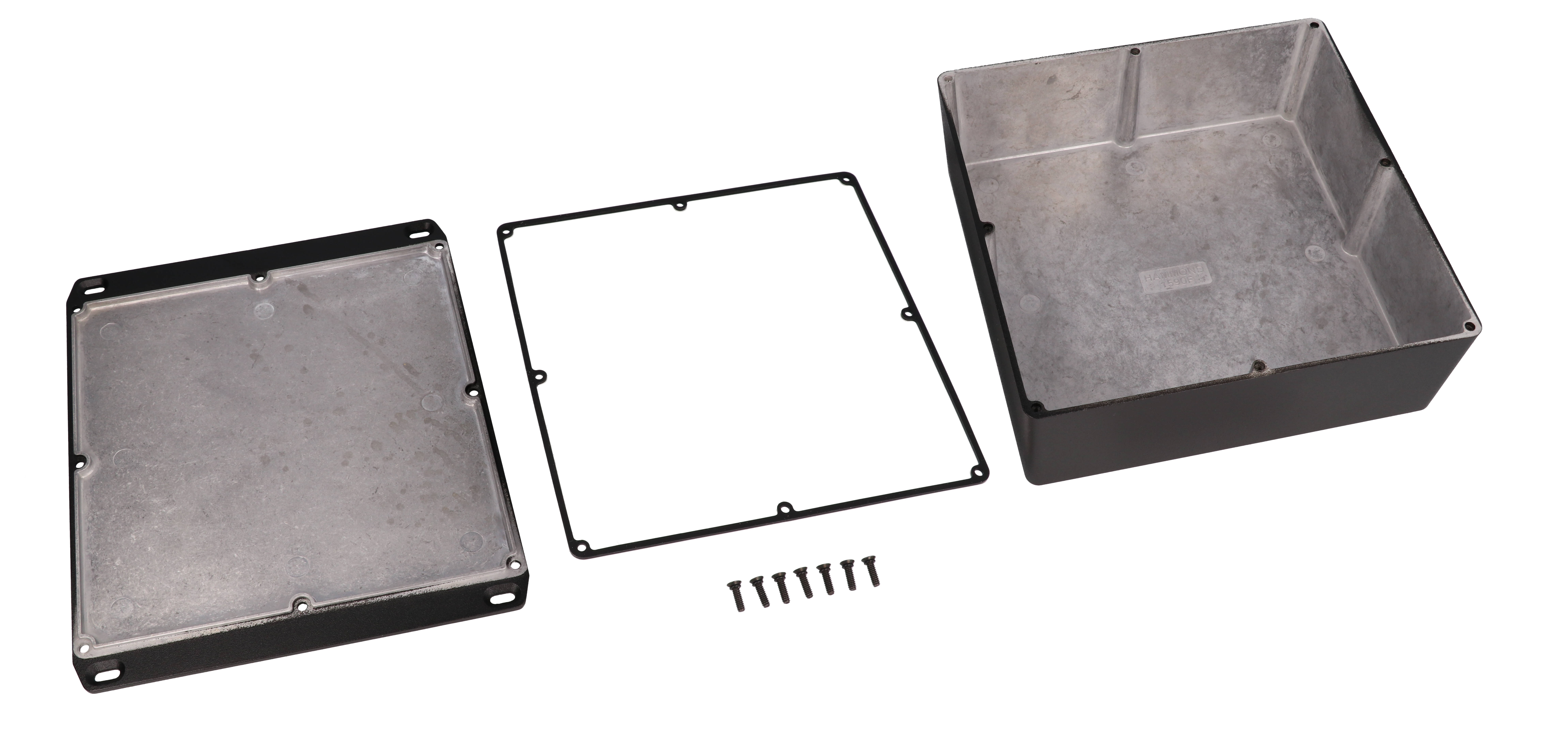1590WFFLBK textured black square watertight 1590F diecast aluminum enclosure, 188 x 188 x 67 mm, flanged lid