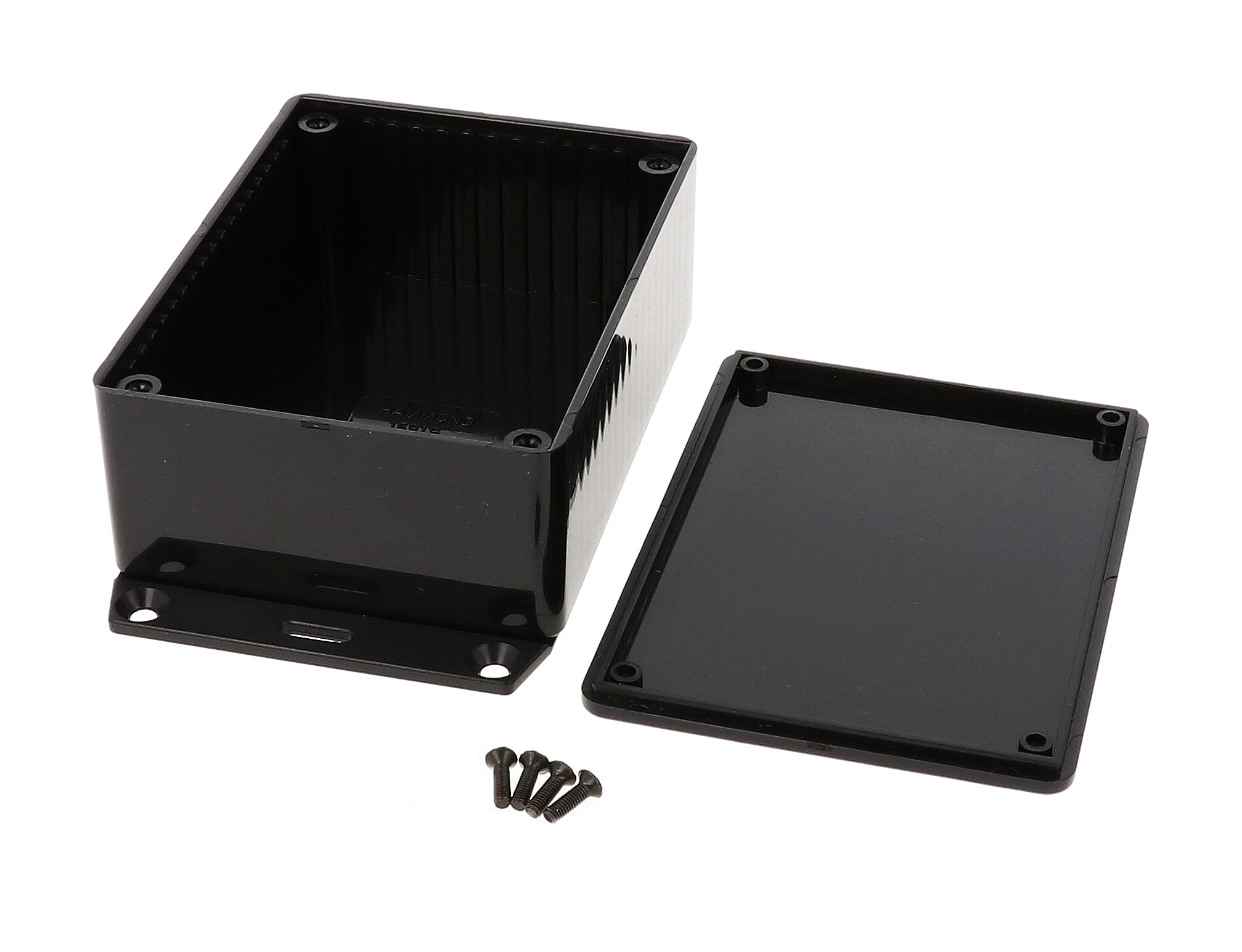1591SF2SBK black ABS plastic enclosure with bottom mounting flange, 110 x 82 x 44 mm