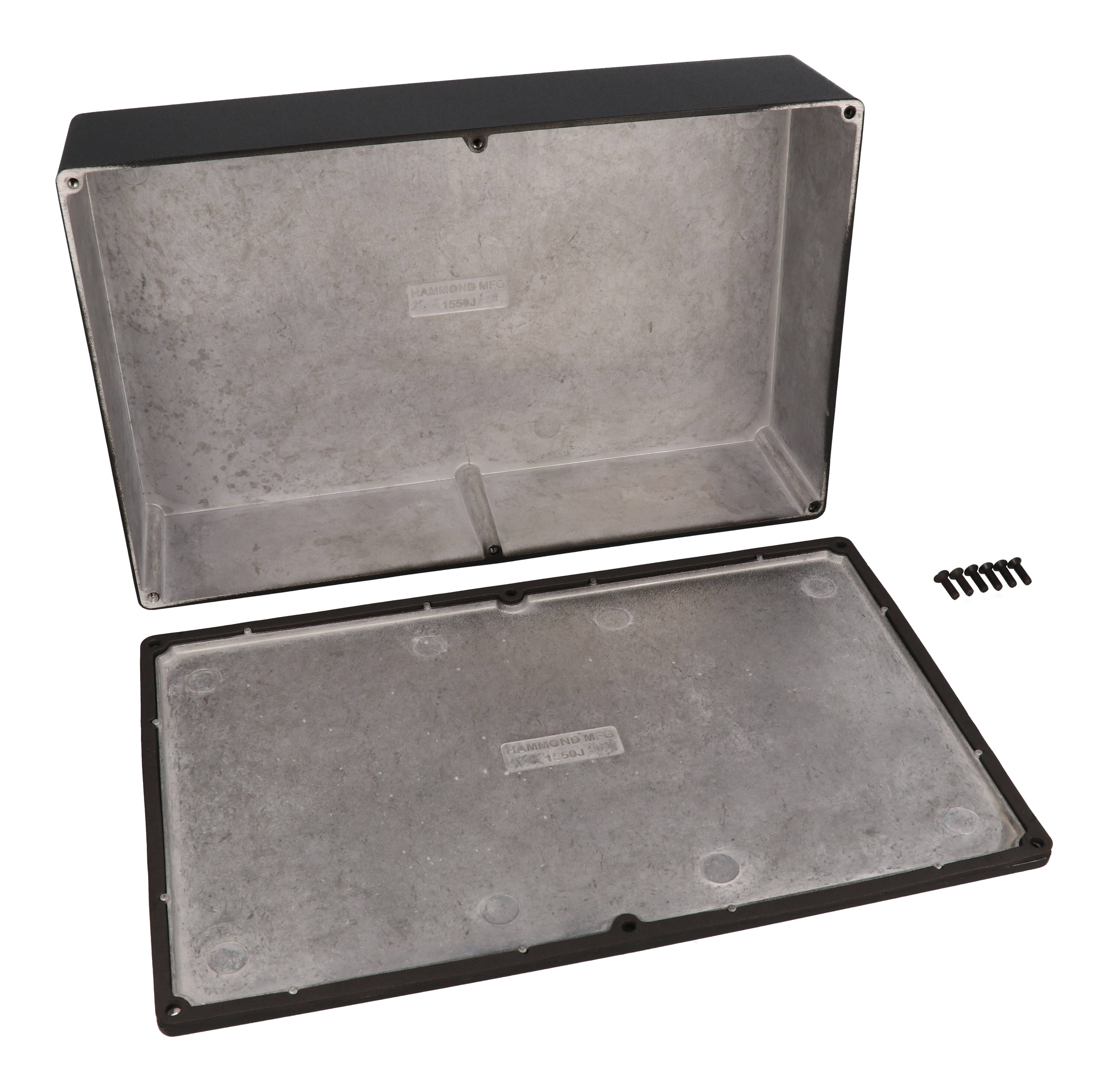1550WJBK black watertight diecast aluminum enclosure, 275 x 175 x 67 mm, with screw-down lid