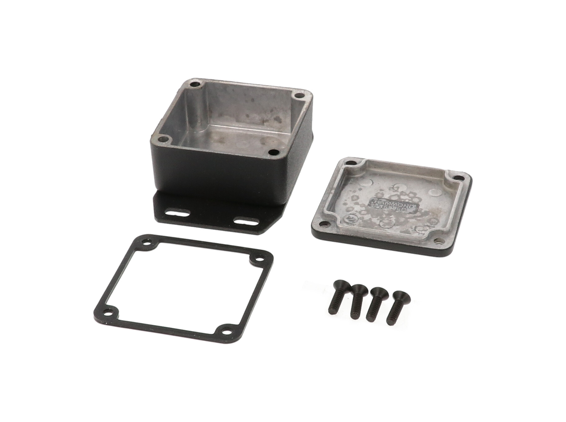1590WLLBFBK black low-profile watertight diecast enclosure with flanged bottom plate